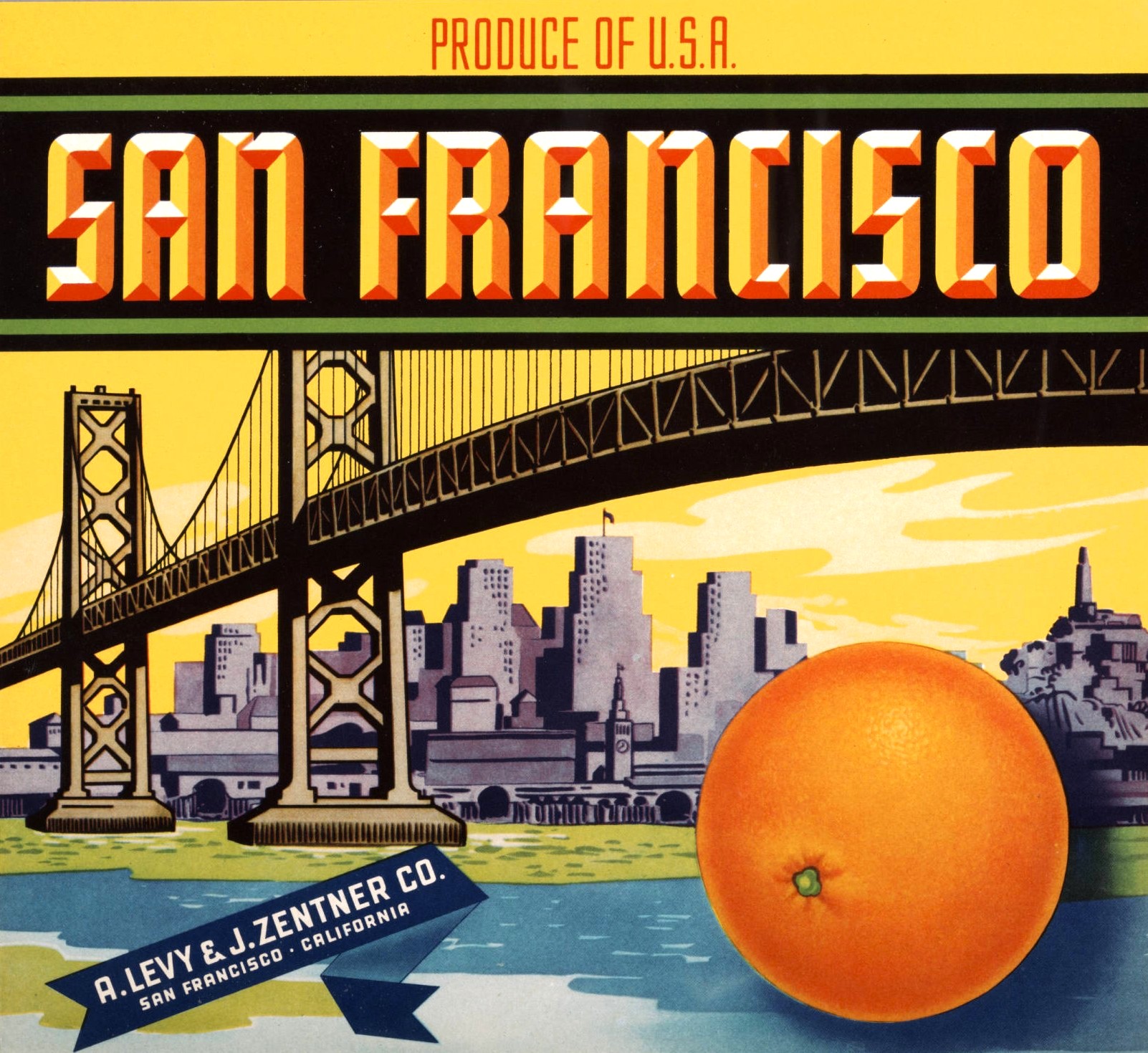 ORANGE CRATE LABEL, A. Levy and J. Zentner Co., San Francisco. (1930s)