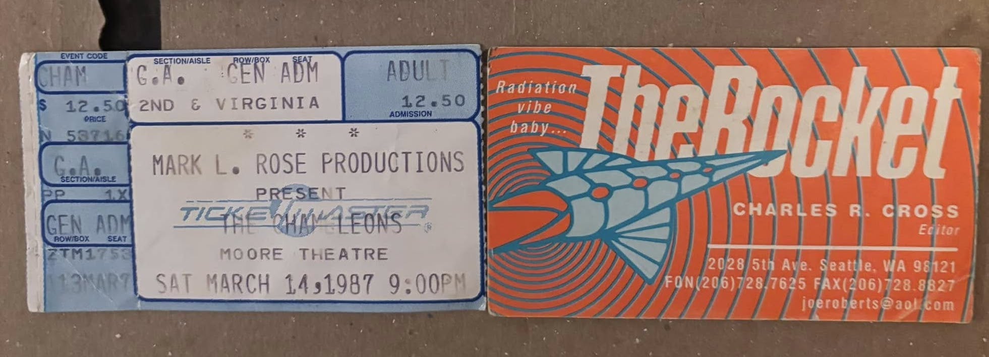 Chameleons 1987 concert ticket stub and The Rocket business card found