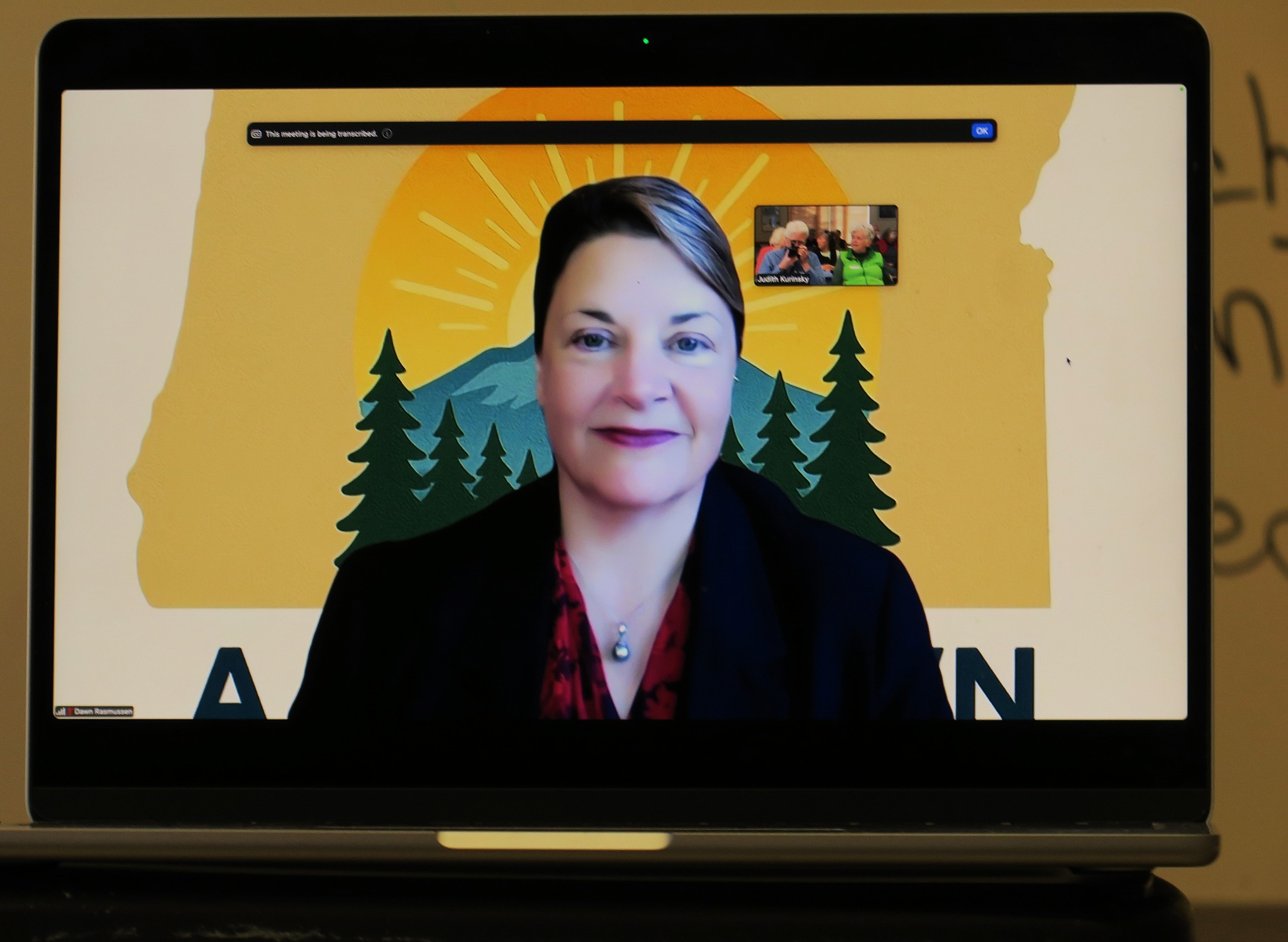 Allen - Candidate Dawn Rasmussen appeared on a large screen via Zoom ...