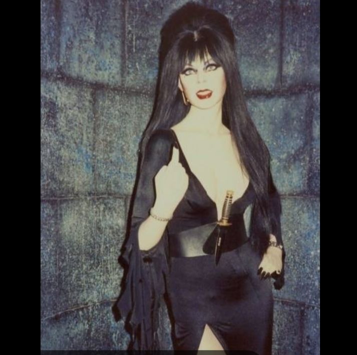 lady in black dress scary movie Elvira's late night horror airings on LA public TV the woman in black costume