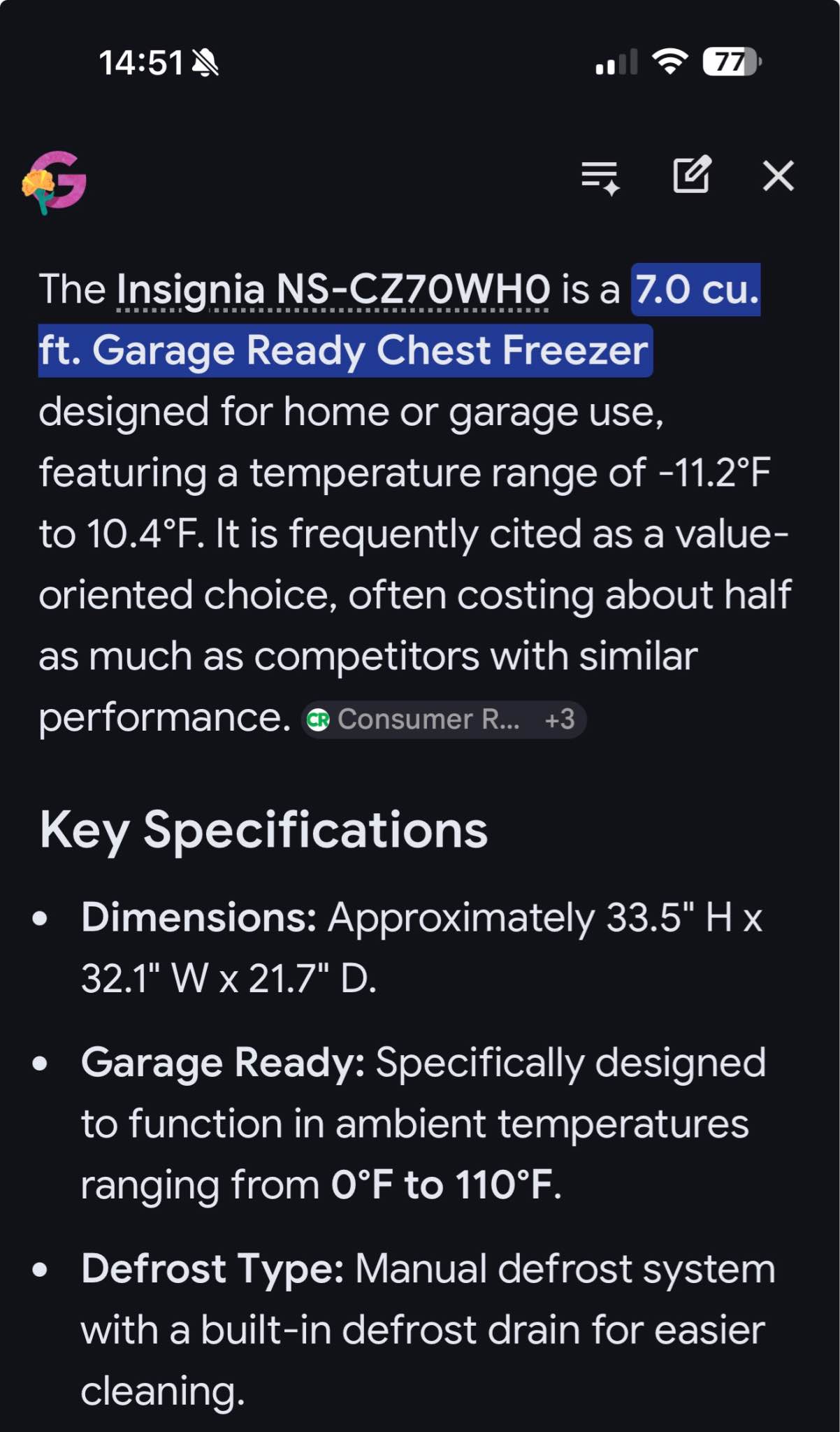 The Insignia NS-CZ70WH0 is a 7.0 cu. ft. Garage Ready Chest