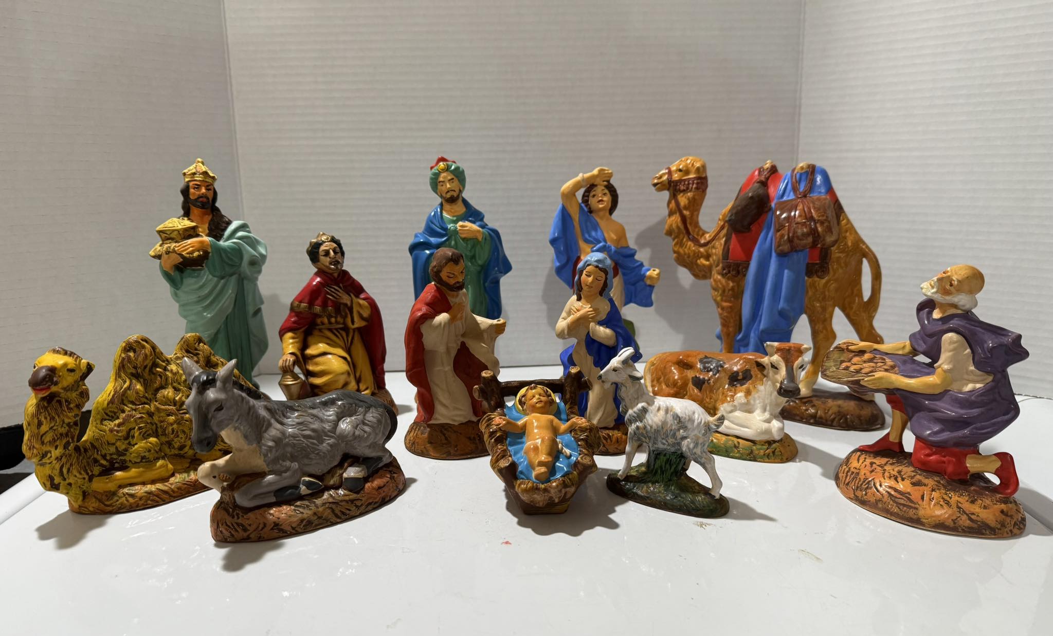 White and gold hand painted Nativity Set Includes Mary, Joseph