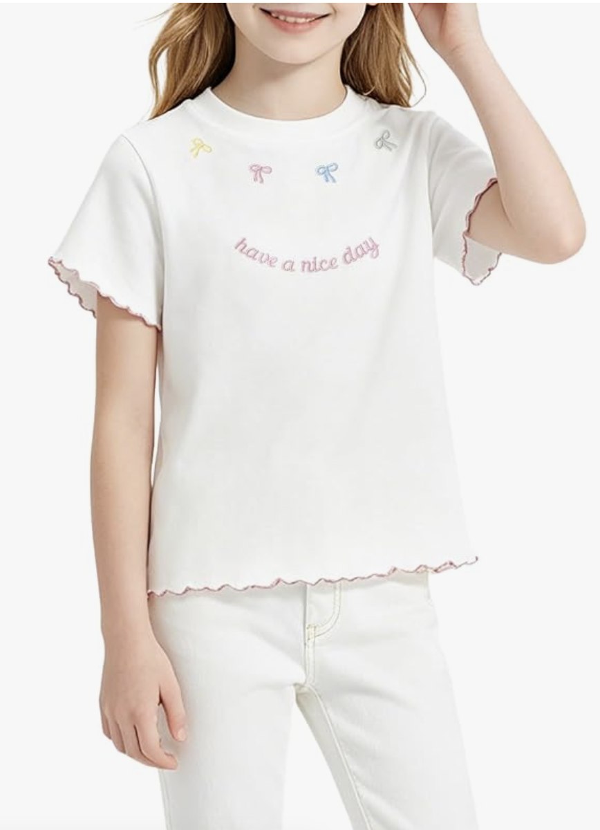 Adorable white tee with pink ruffle trim for $7.99 with code LULQP76V