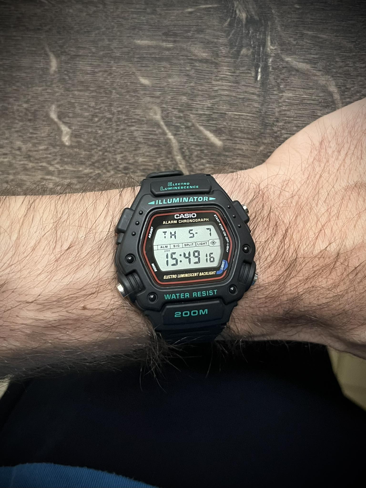Rare Casio DW-290 watch with blue line and gold font