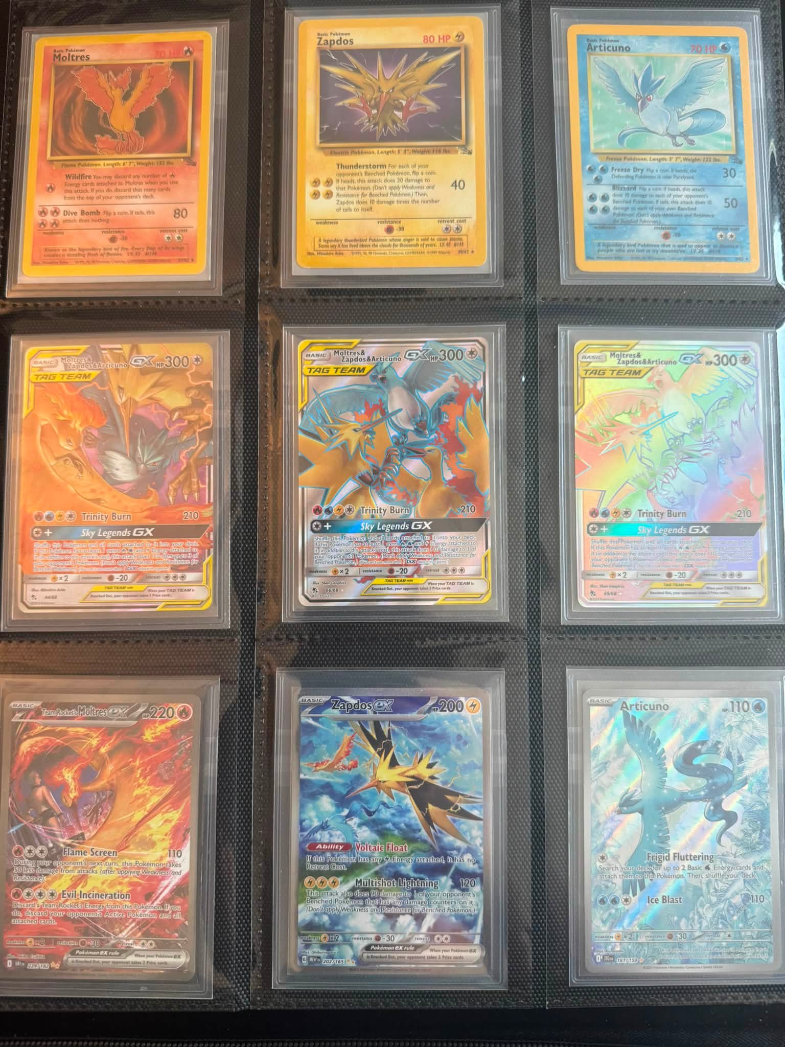 Organizing Pokémon card collection with Moltres, Zapdos, and Articuno