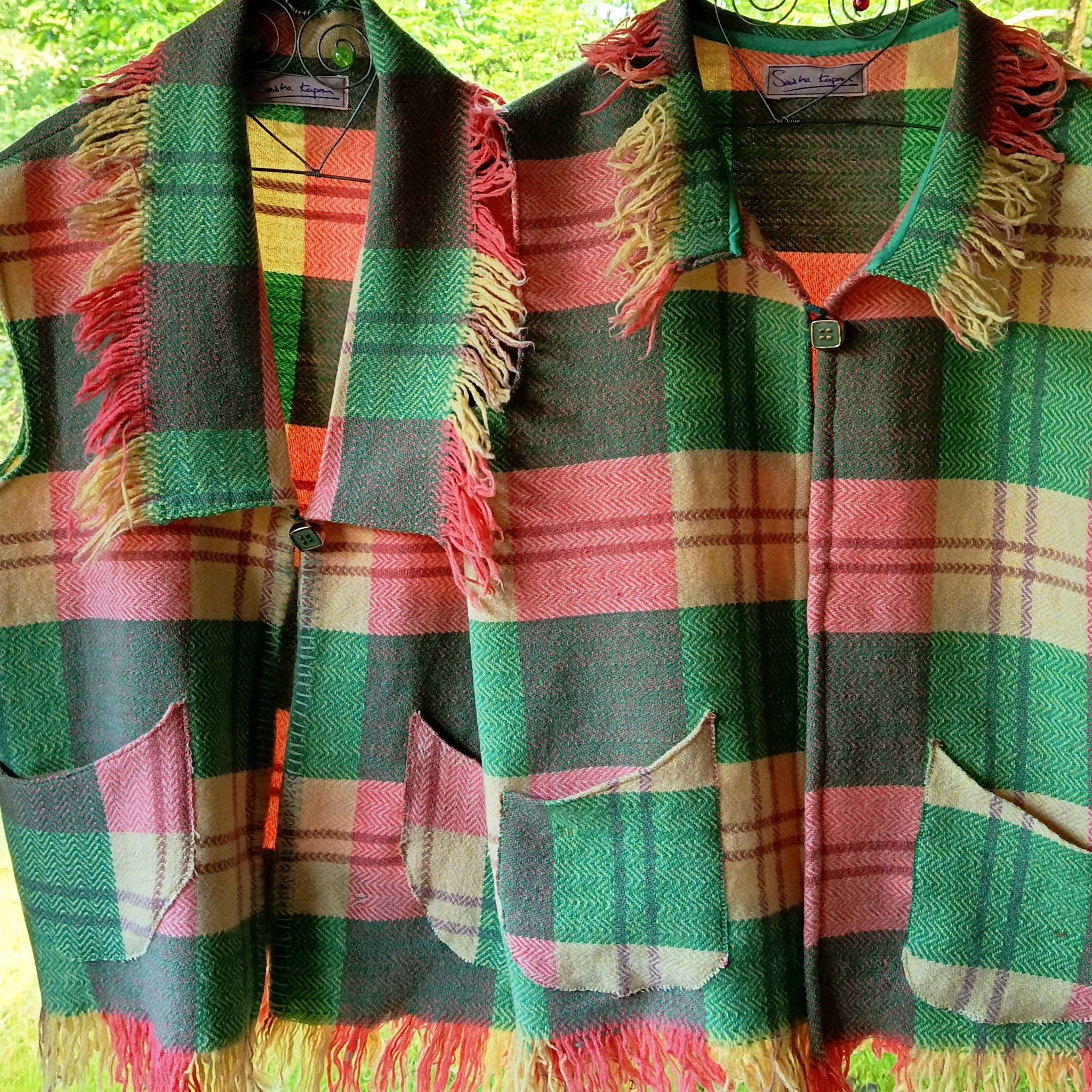Repurposed vintage Welsh blanket waistcoats in Mid Wales