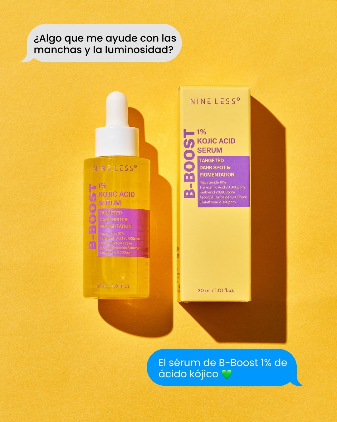 Esa piel bonita sí tiene rutina. ¿El secreto? B-Boost de NINE LESS. Una rutina diseñada para ayudar a mejorar la apariencia de manchas, marcas post-acné y tono desigual. Simple. Constante. Efectiva. #Nineless #