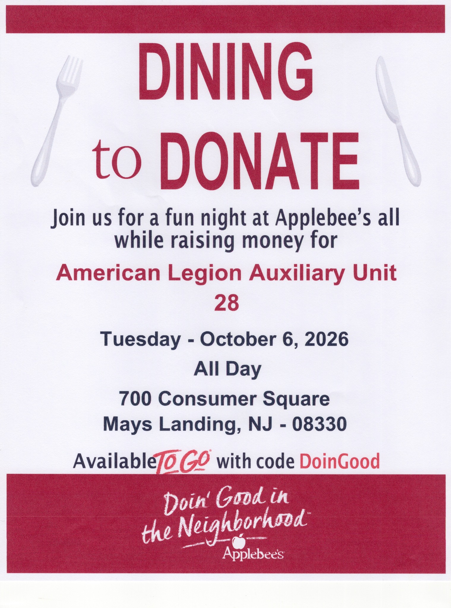 American Legion Auxiliary Unit 28 Absecon fundraiser at Applebee's ...