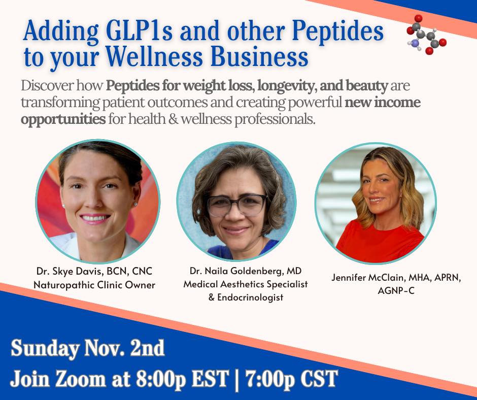I'm looking for Chiropractors who are interested in offering GLP-1s and other peptides NAD, BPC157, Glutathione, and others for an extra stream of income. We are hosting a webinar tomorrow evening …
