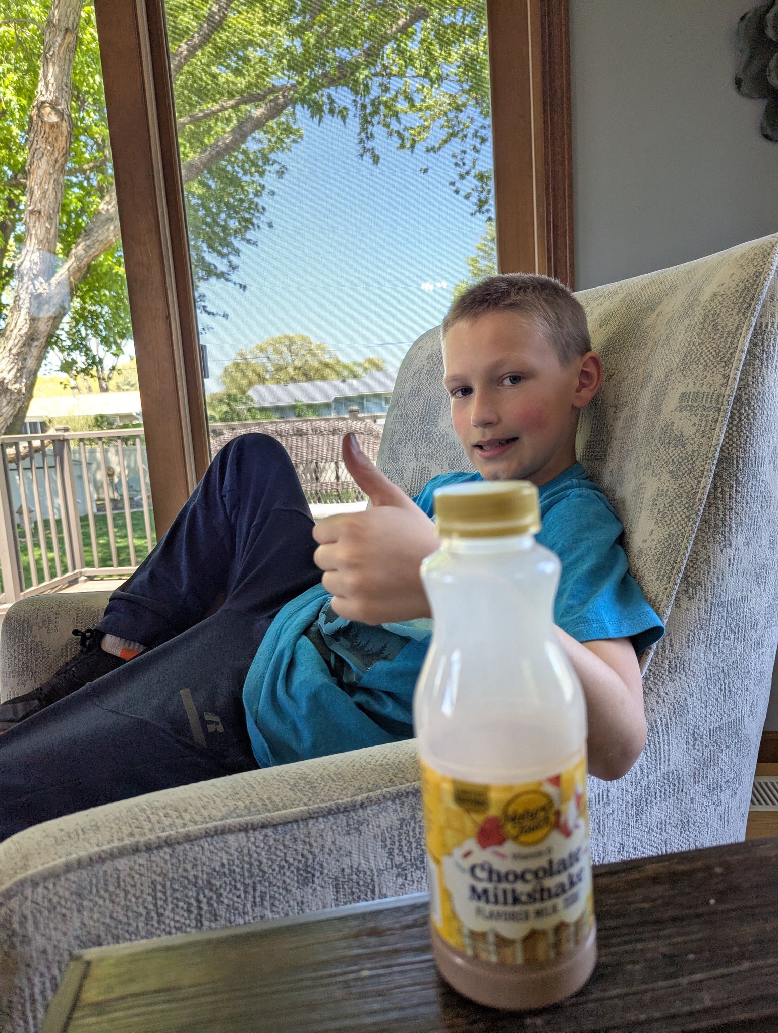 Declan gives Nature's touch Milkshake flavored milk a big thumbs up.