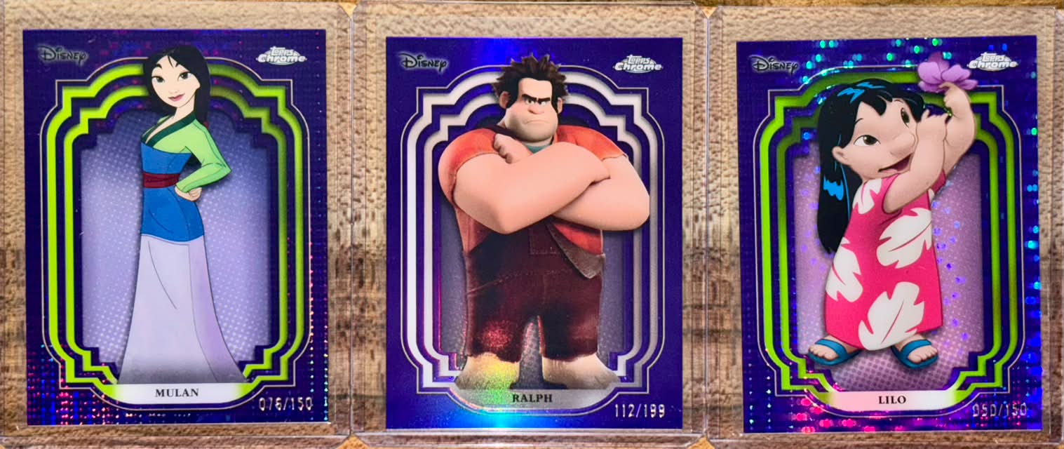 Triple purple 2024 Chrome Disney cards featuring Mulan, Ralph, and