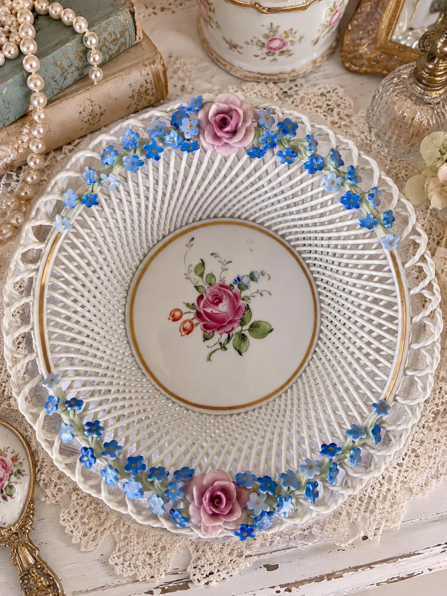 1917 Antique Von Schierholz German Porcelain Basket for Sale