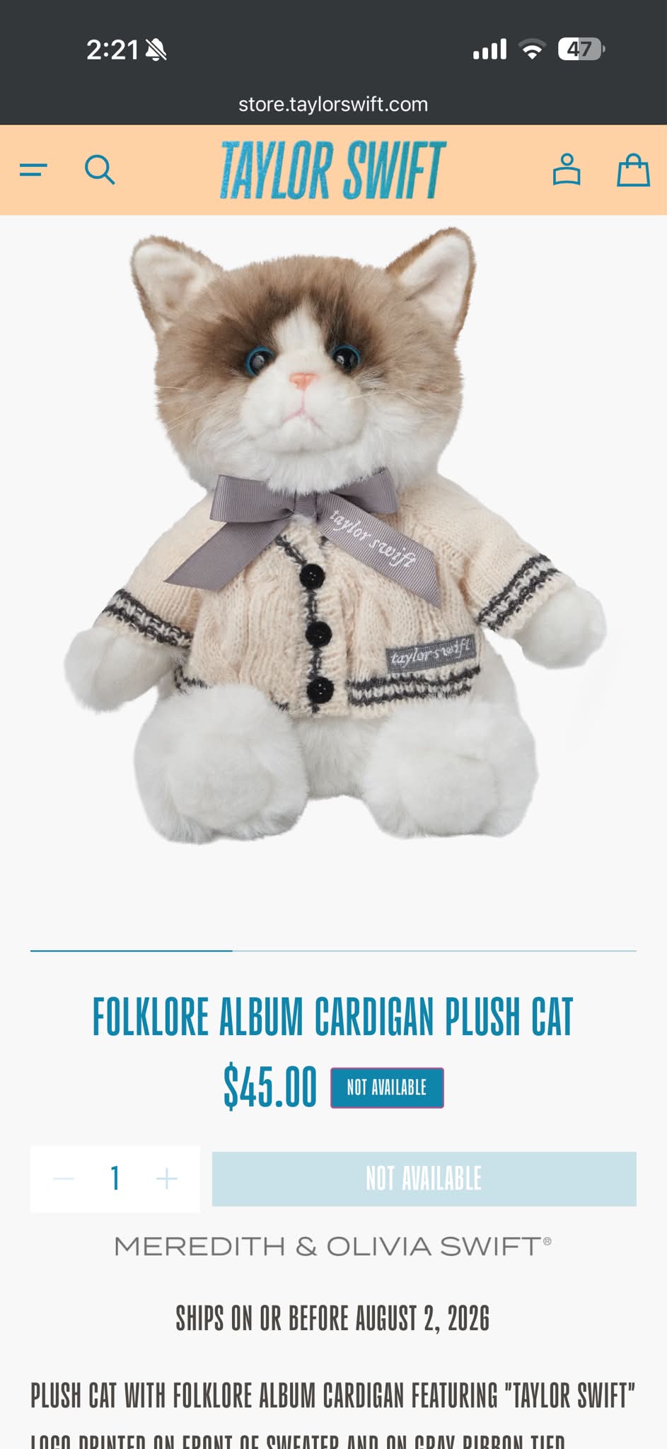 Will Taylor Swift's Folklore Album Plush Cat be restocked?