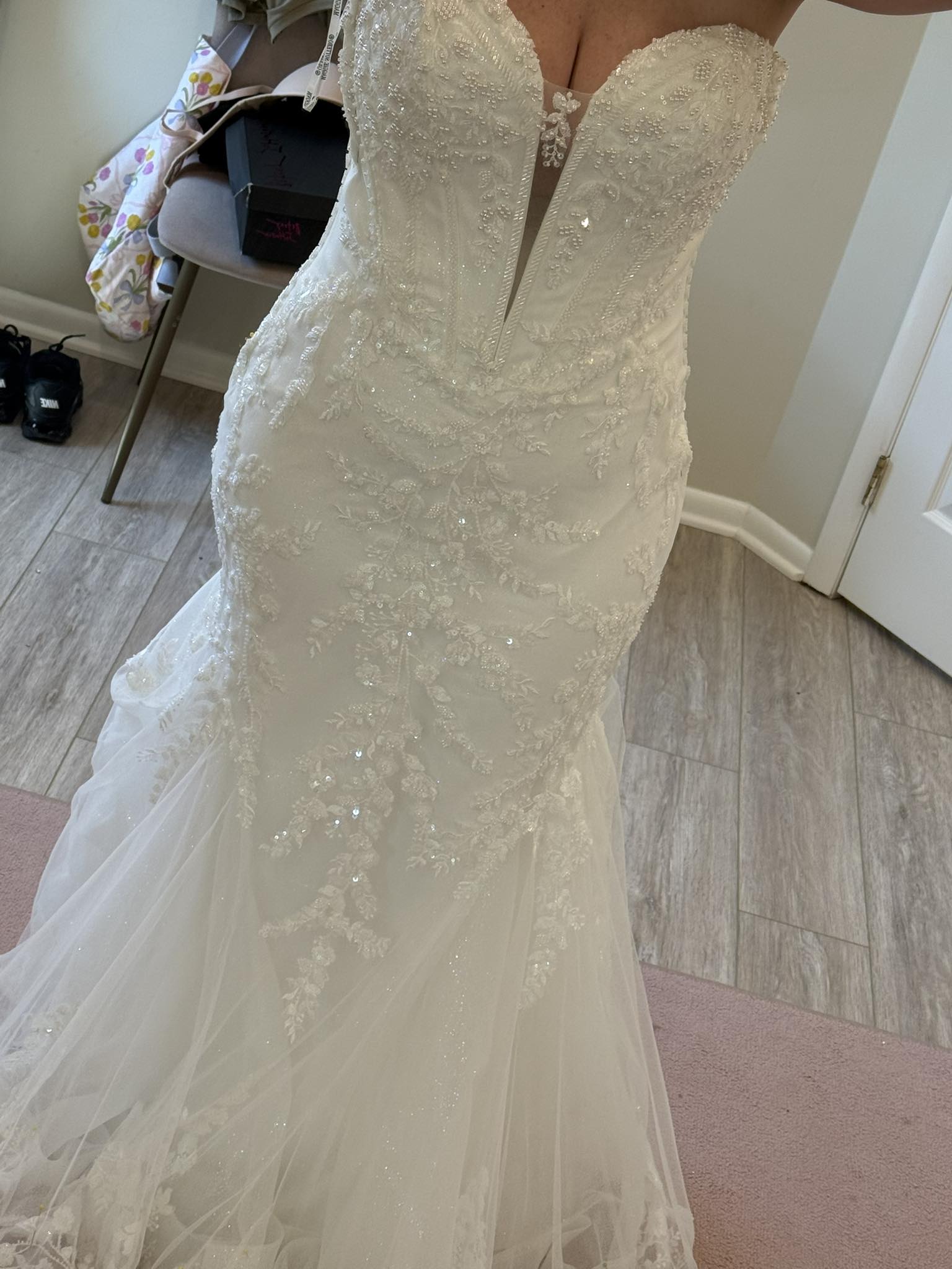strapless blue and white dress Strapless White Lace Blue Tulle Destination Wedding Gown, Two-Tone