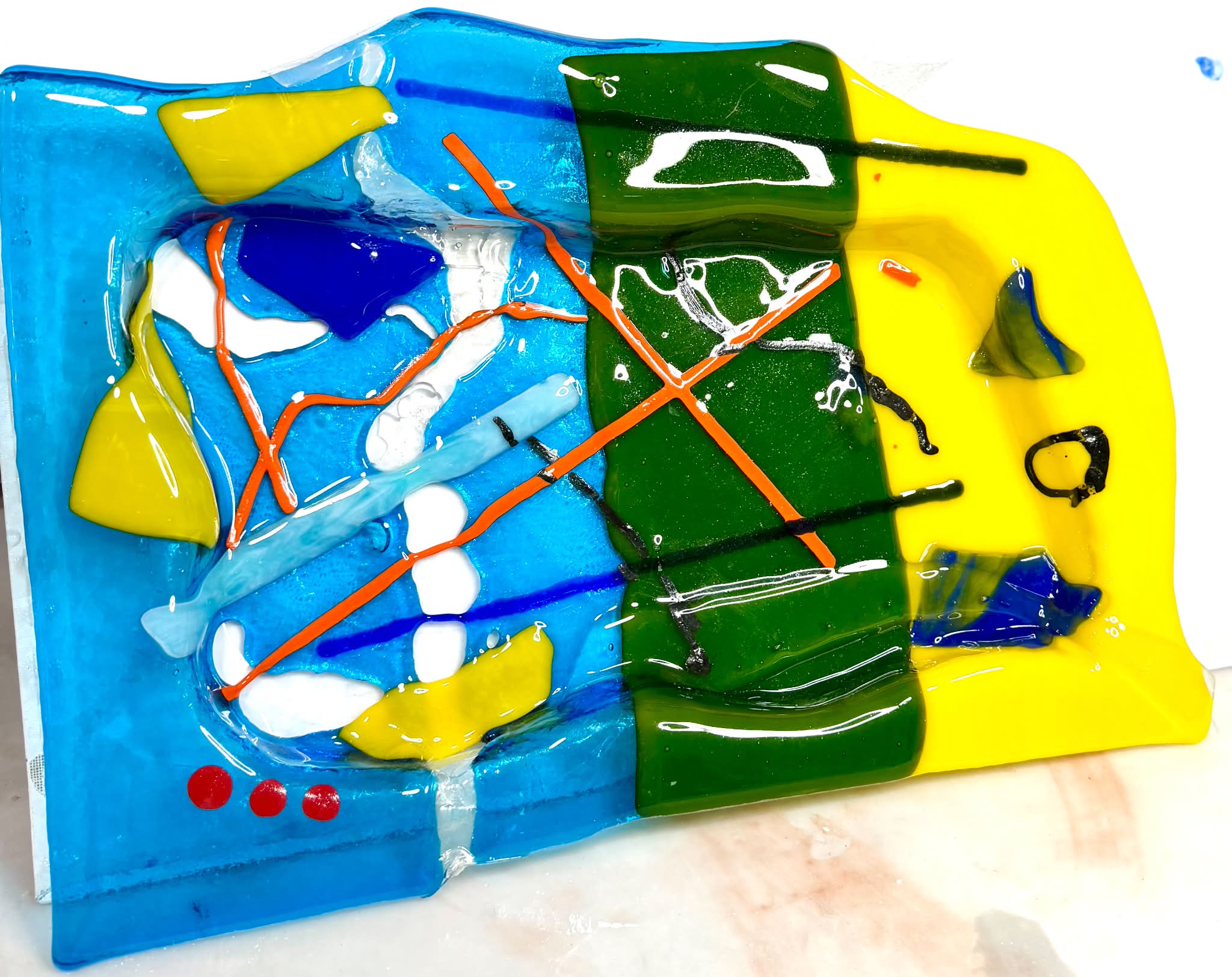 Handmade 15x12 fused glass platter with blue and yellow glass