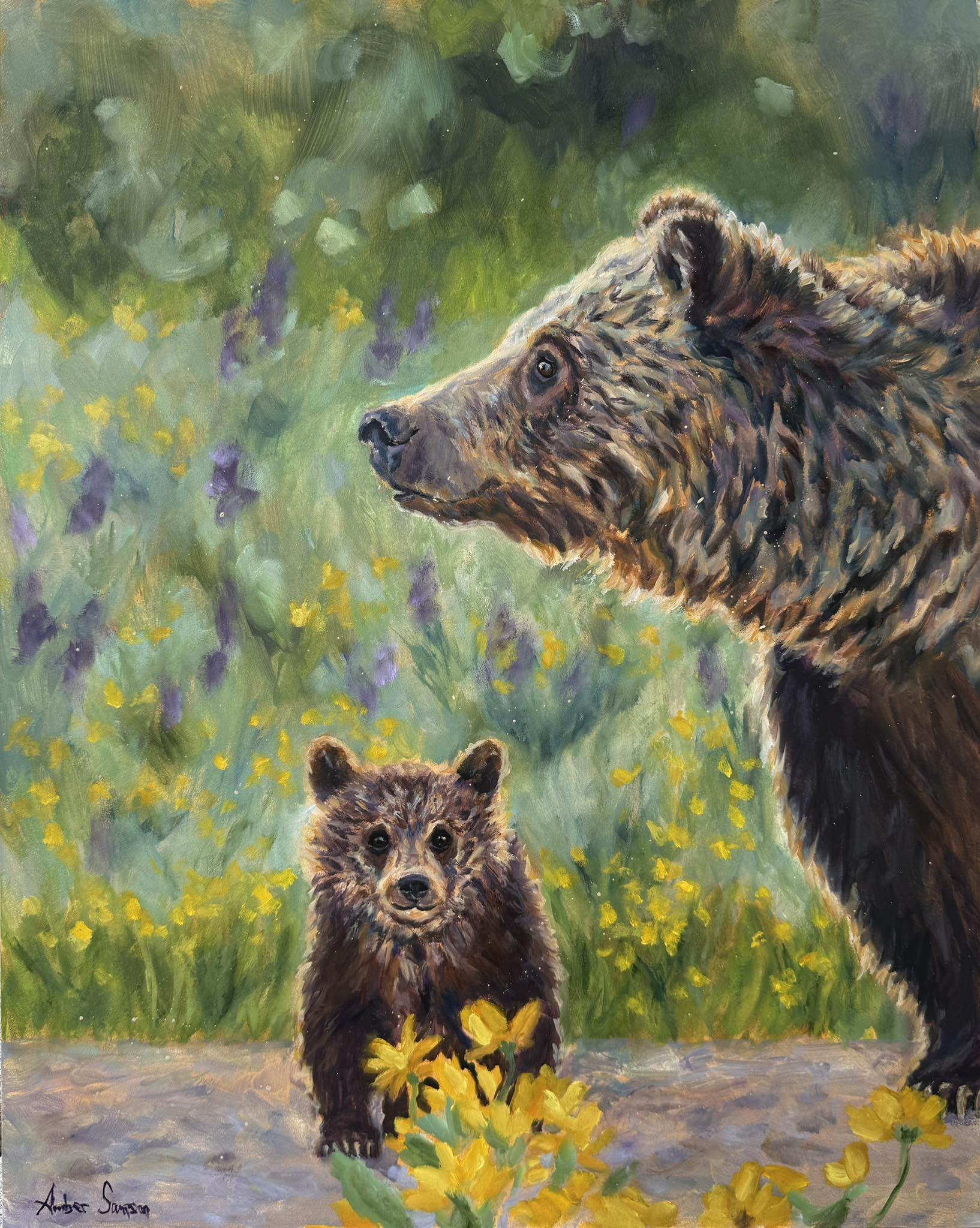 Grizzly 399 and cub in wildflowers oil painting