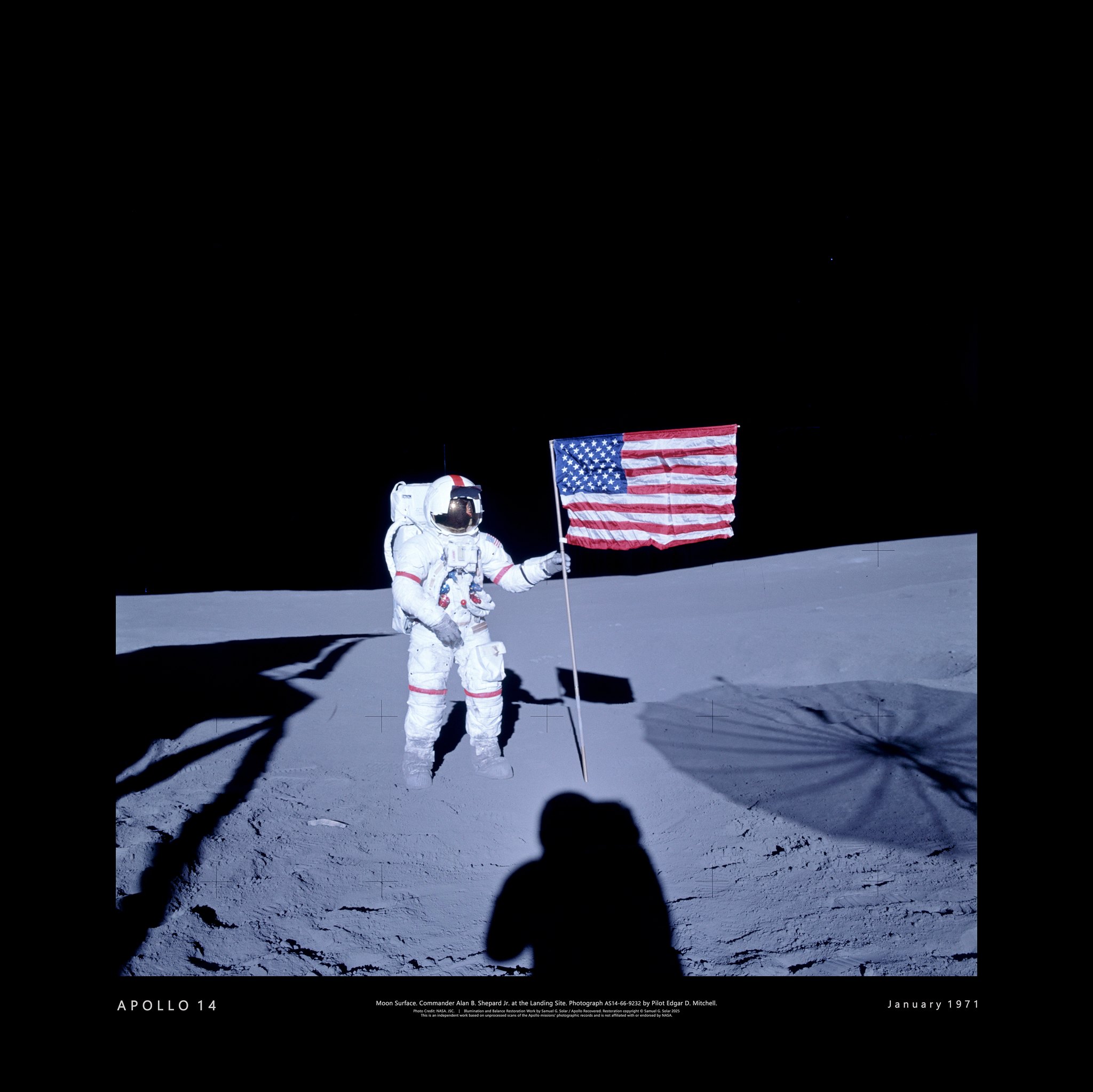Apollo 14 moon surface photo with Commander Alan Shepard