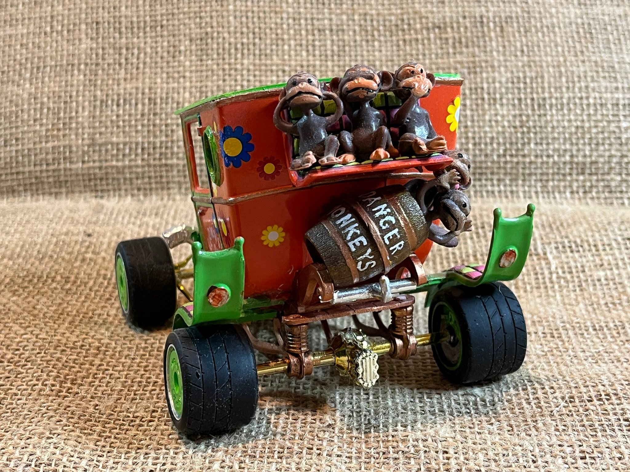 Custom-built clown car with circus wagon companion