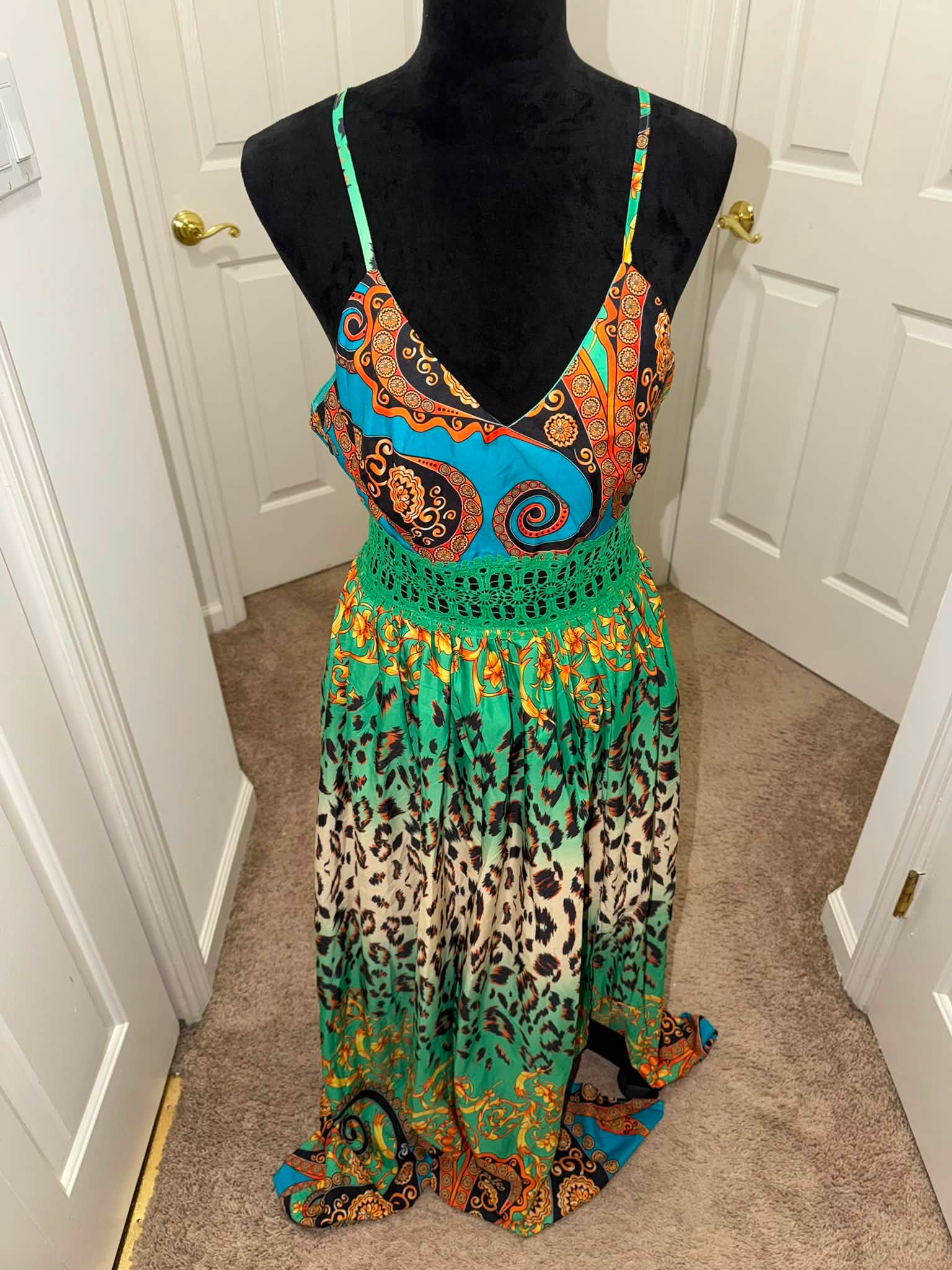 green and orange leopard print dress Vibrant green, orange, maxi for sale high slit dress