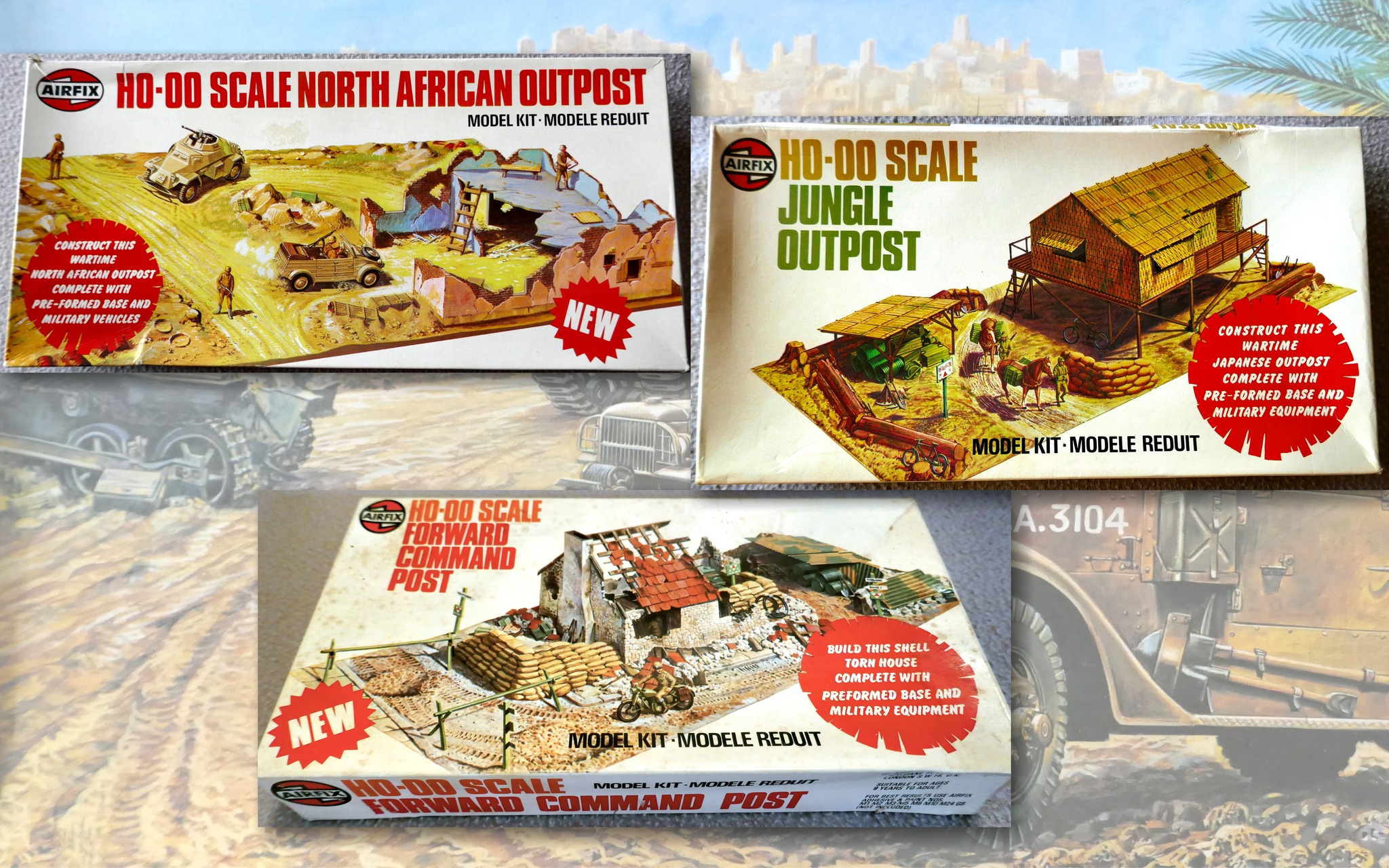 Vintage Airfix jungle outpost with Chi Ha tank in 1/76 scale