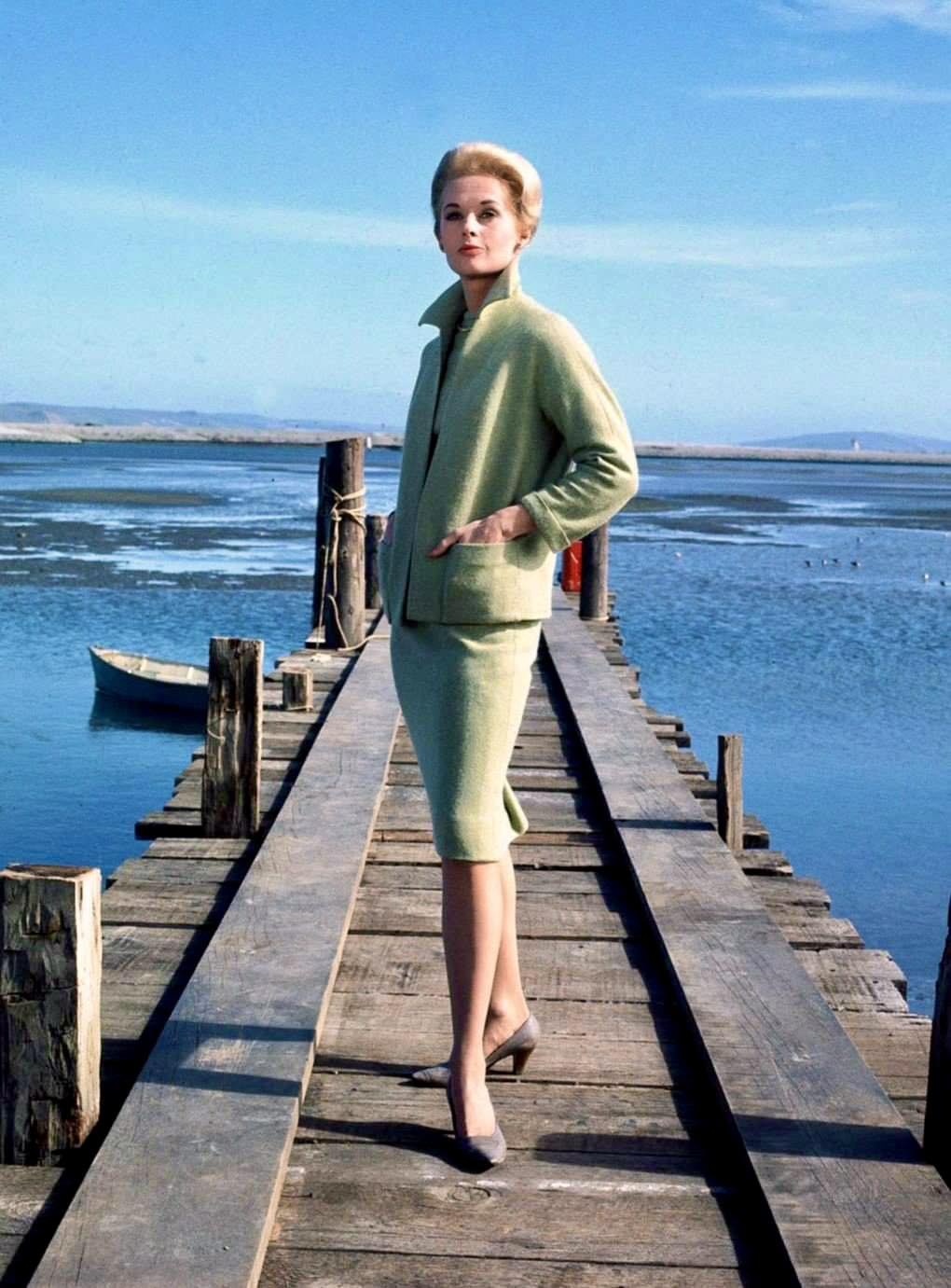 tippi hedren green dress in almond wool summer brunch