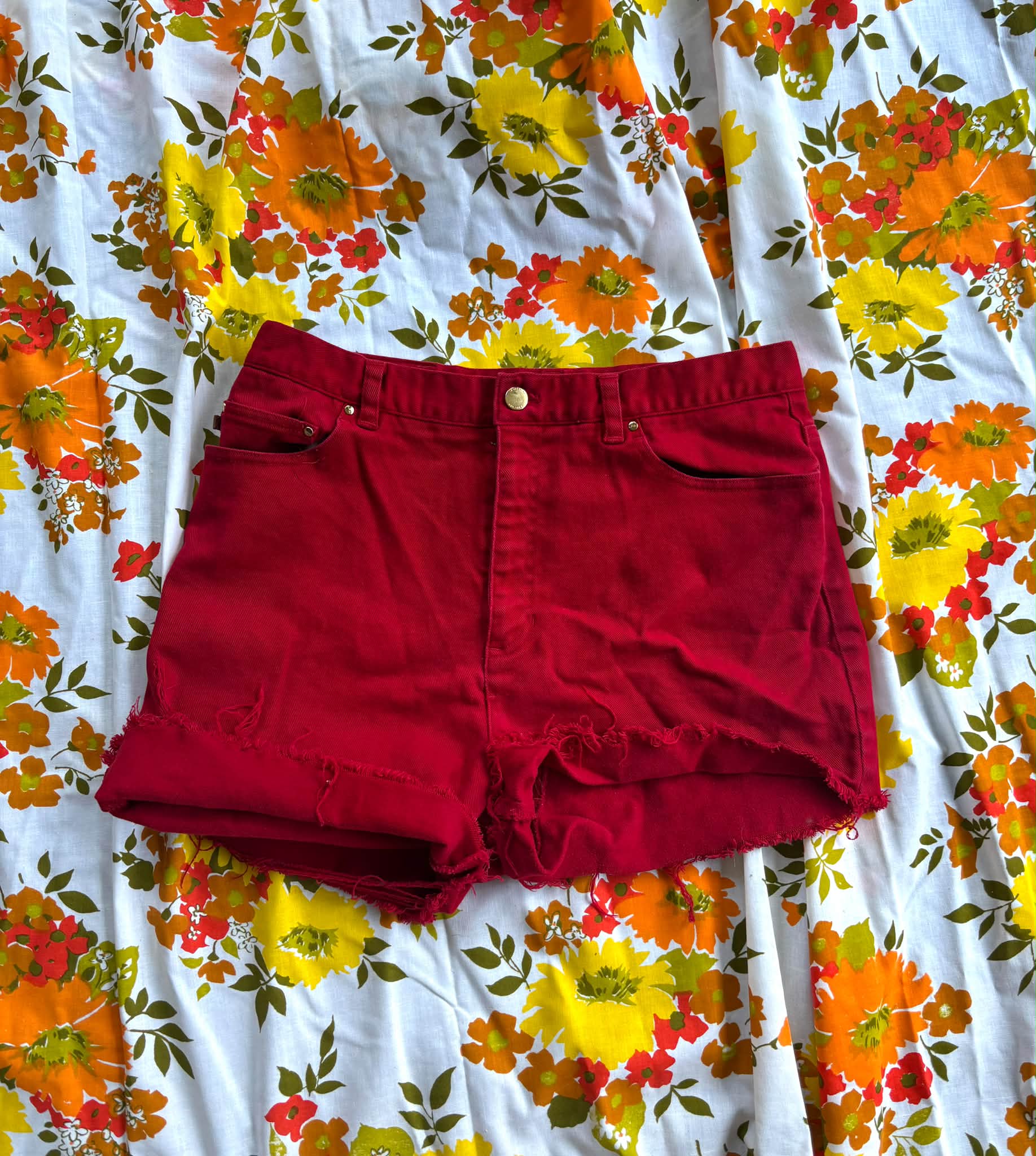 Vintage 1990s Ralph Lauren Red Cutoff Denim Shorts, Women's XL