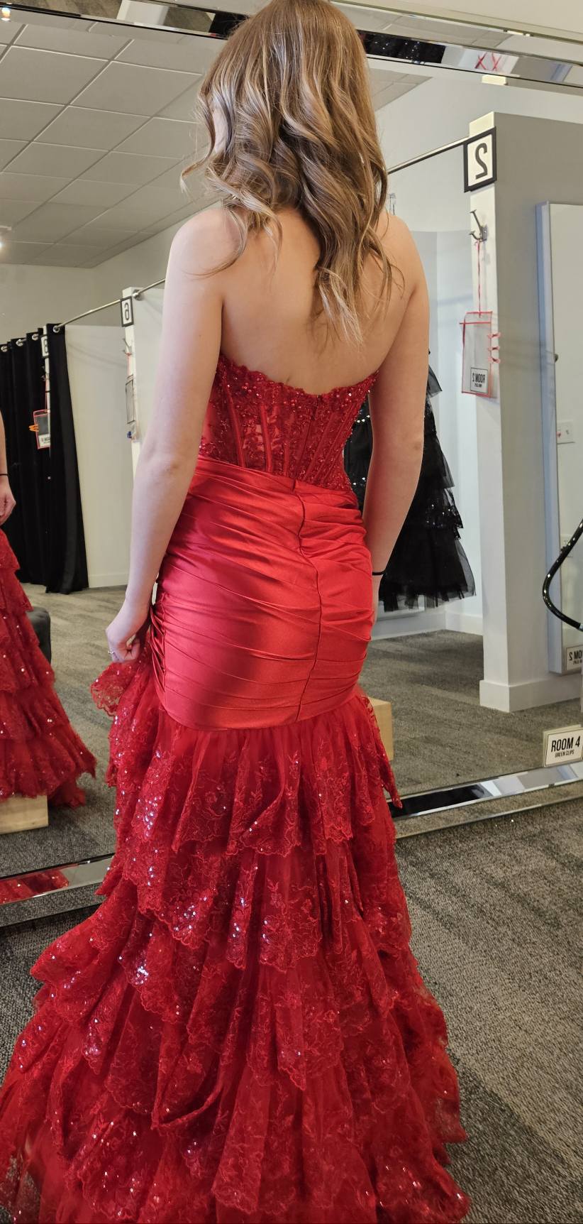 corset mermaid prom dresses Mermaid Gold Strapless Satin Corset Long Prom Dresses with Slit, Red / 0
