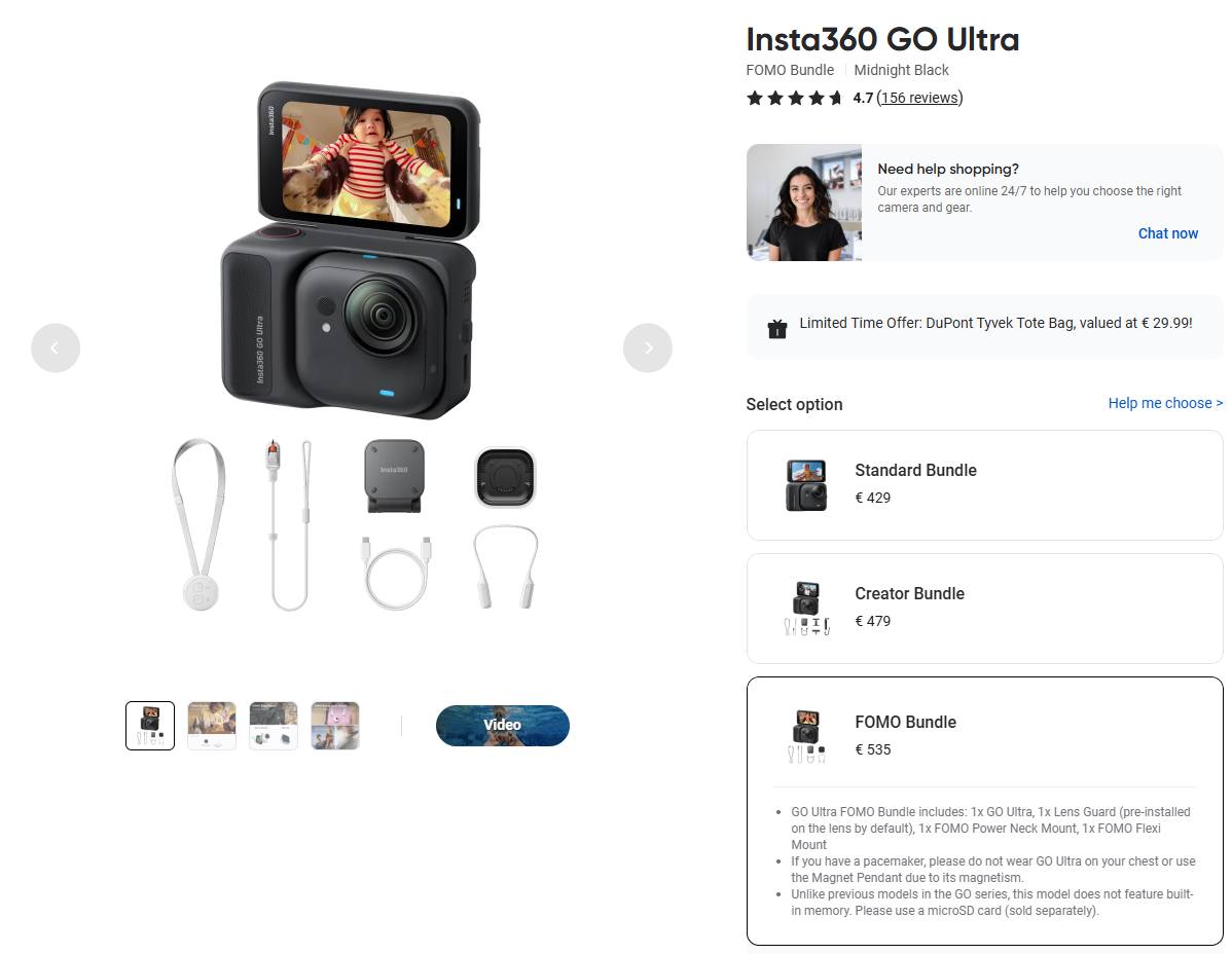 Insta360 GO Ultra Kit FOMO Power – Base Magnetica, Supporto Da Collo E Autonomia Estesa Fino A 8 Ore Per Video POV