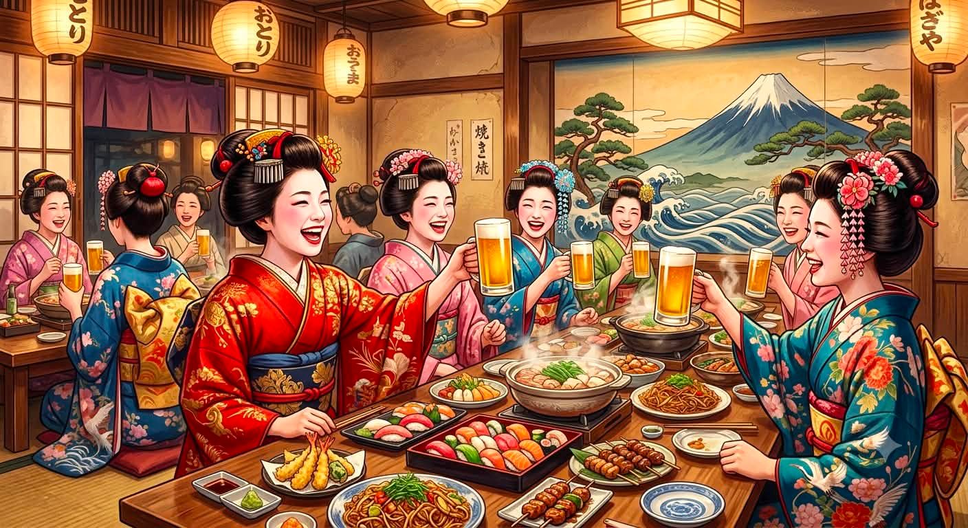 Vibrant digital painting of Japanese women in kimonos celebrating