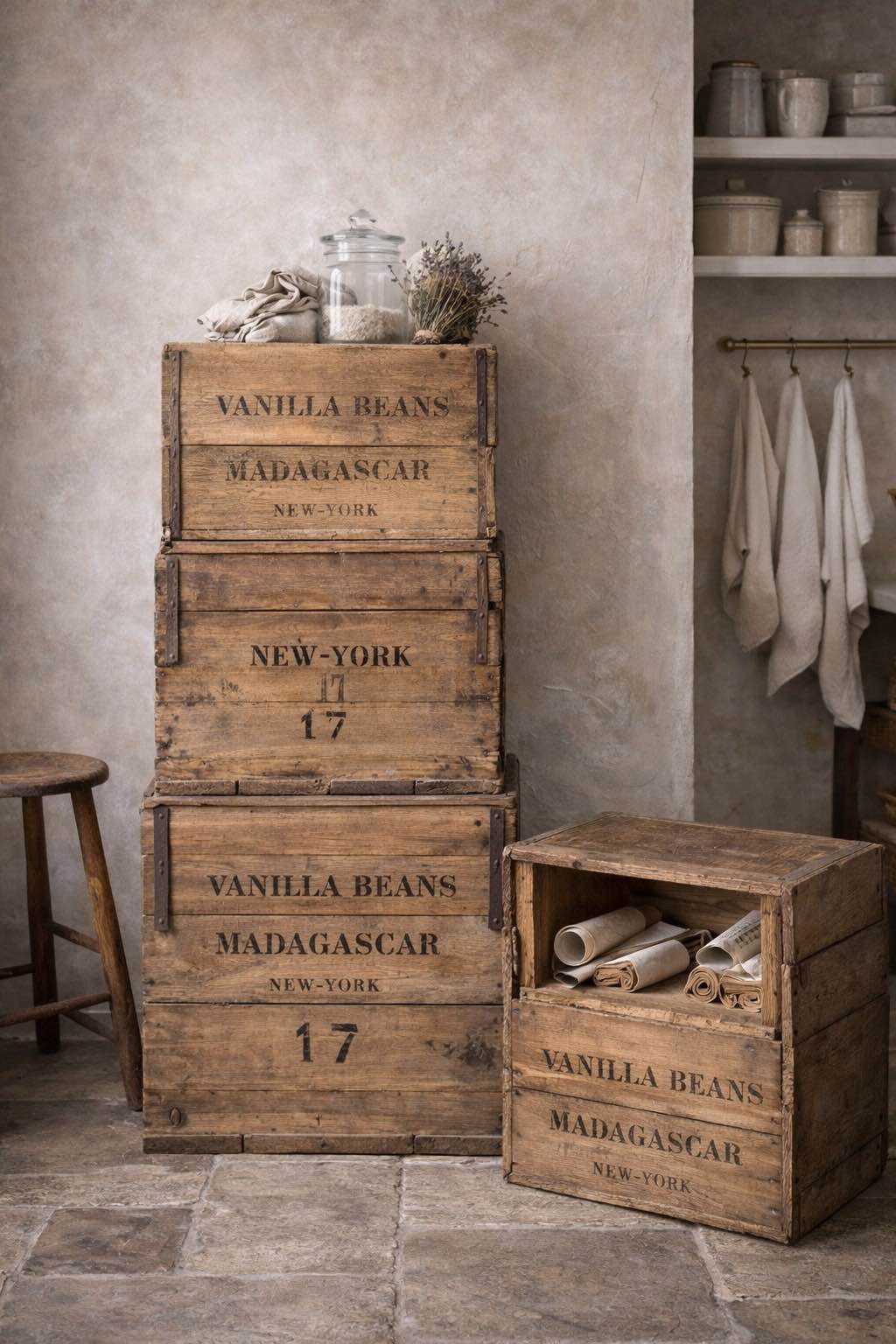 Four Vintage Wooden Crates and Boxes, Rustic Storage Containers, Stock