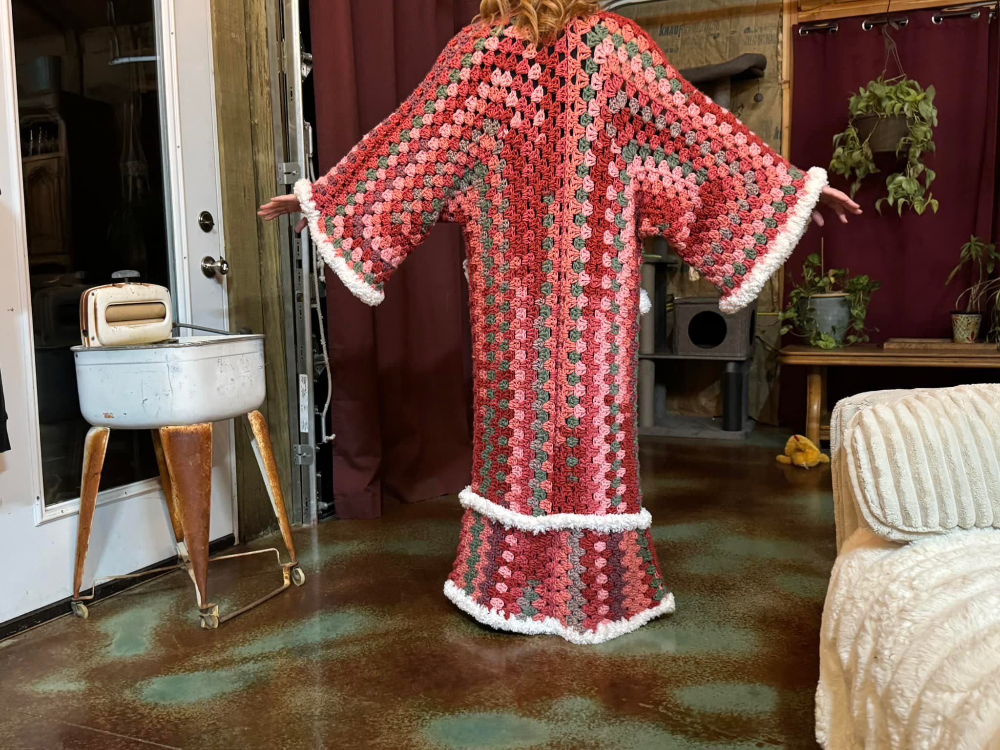 Crocheted Mrs Claus robe with fur border using Extended Hexi pattern