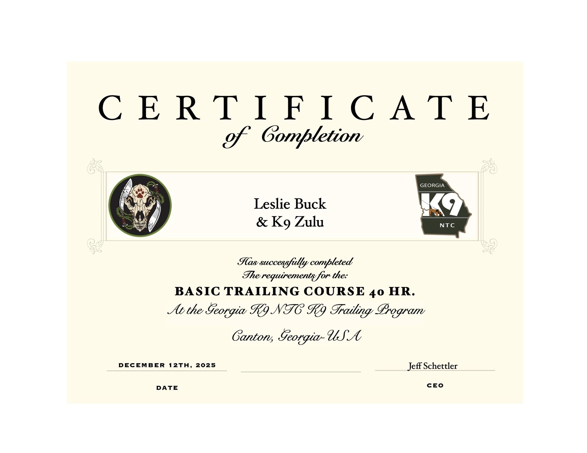 K9 Zulu and Leslie Buck achieve field level 1 trailing cert