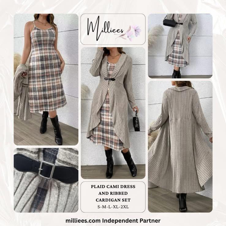 Plaid cami dress and ribbed cardigan set for fall