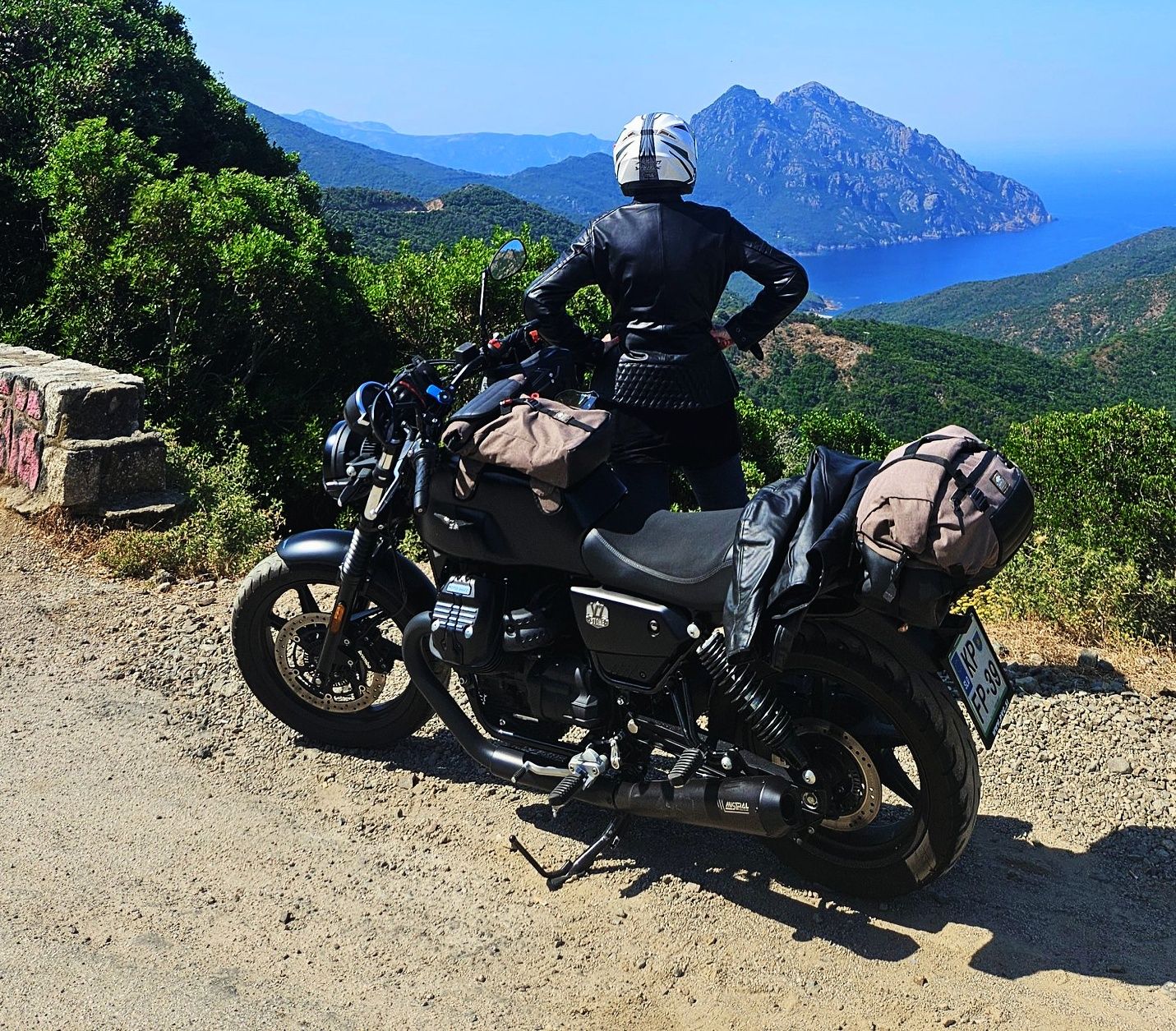 In 2025, exploring Corsica on an MG V7 850 Stone equipped with a