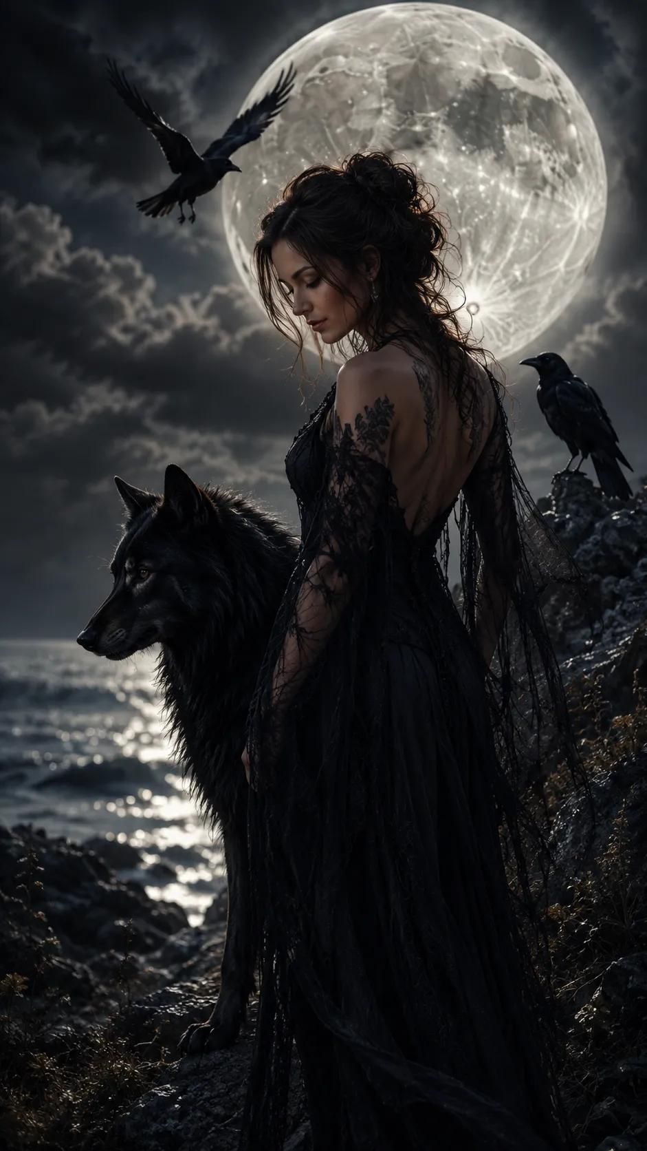 well dressed wolf lady in black Gothic portrait of woman gown with under full moon sizechart-maxi-dress-with-sleeve-sleeve-length