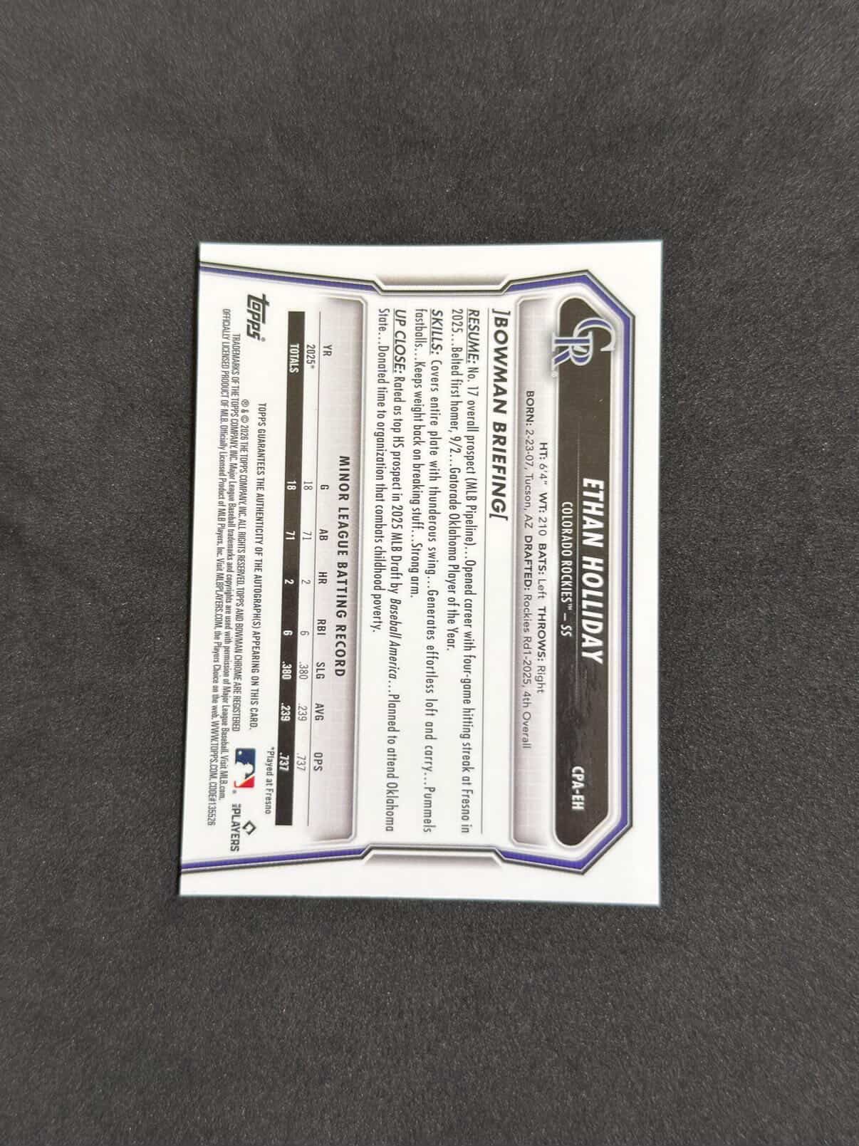Ethan Holliday autographed baseball card for sale