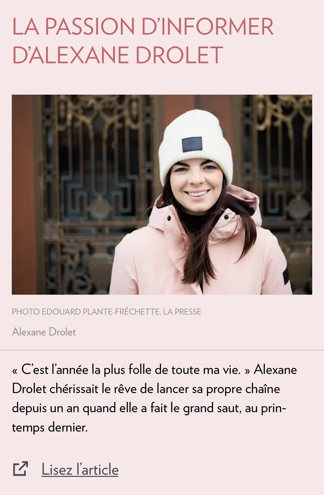Alexane - C’est un honneur pour moi de faire partie des personnalités ...