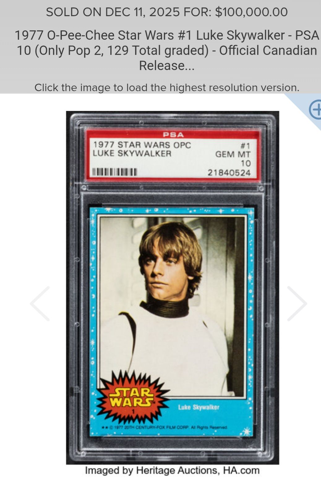 Luke Skywalker PSA 10 trading card rarity explained