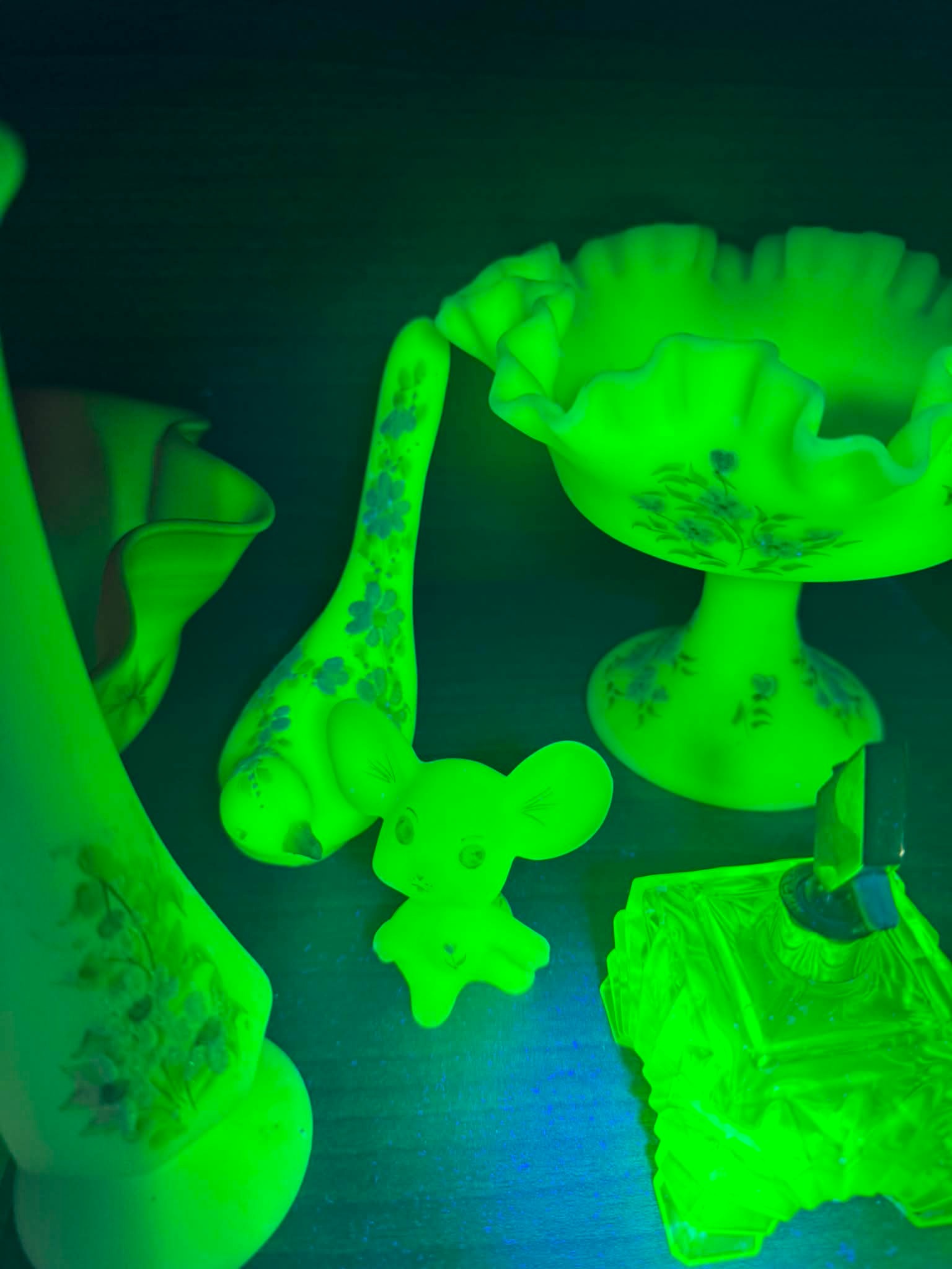 Fenton Mouse and Bird of Happiness uranium glass pieces by Freda