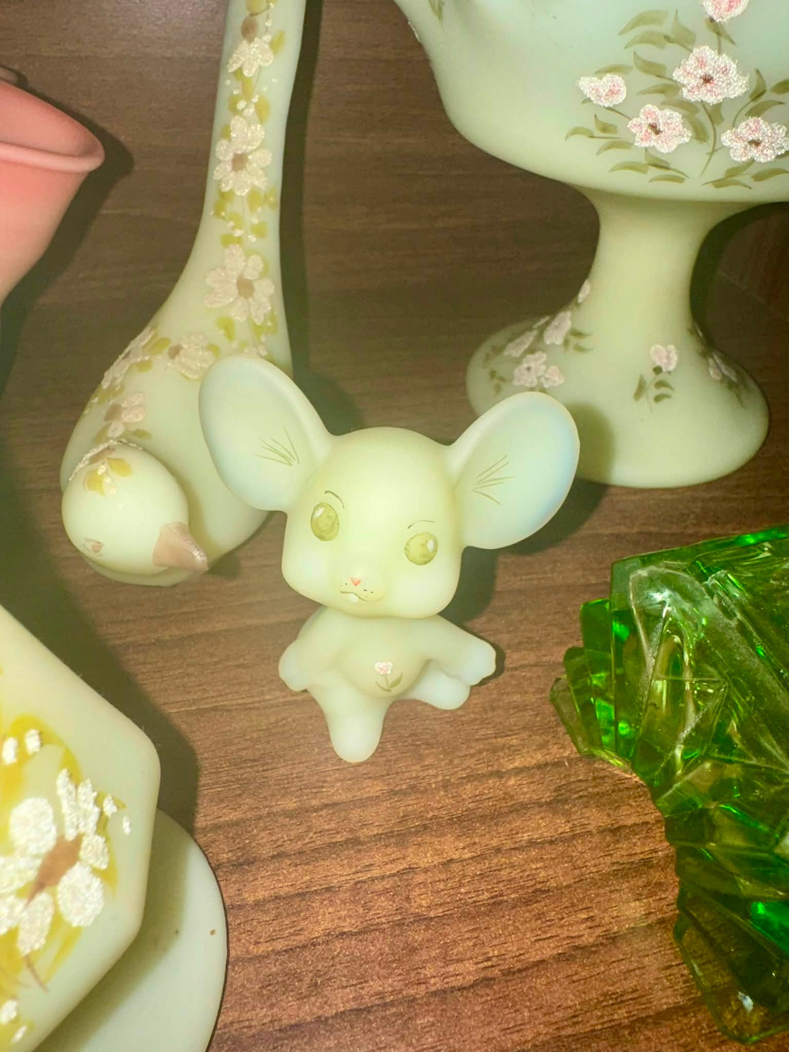 Fenton Mouse and Bird of Happiness uranium glass pieces by Freda