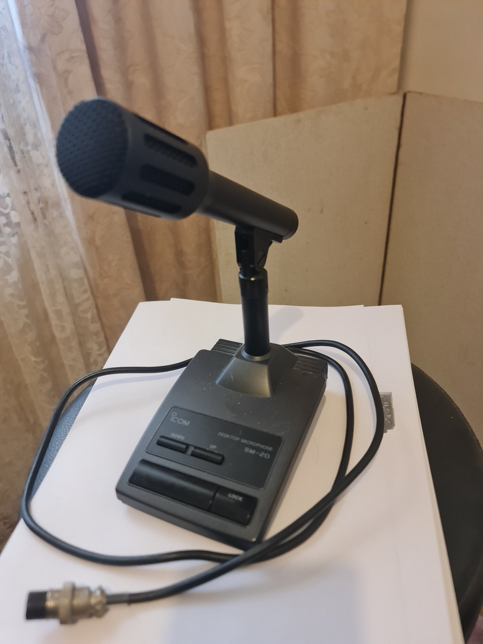 New Icom SM-20 desktop microphone is black and made of plastic and