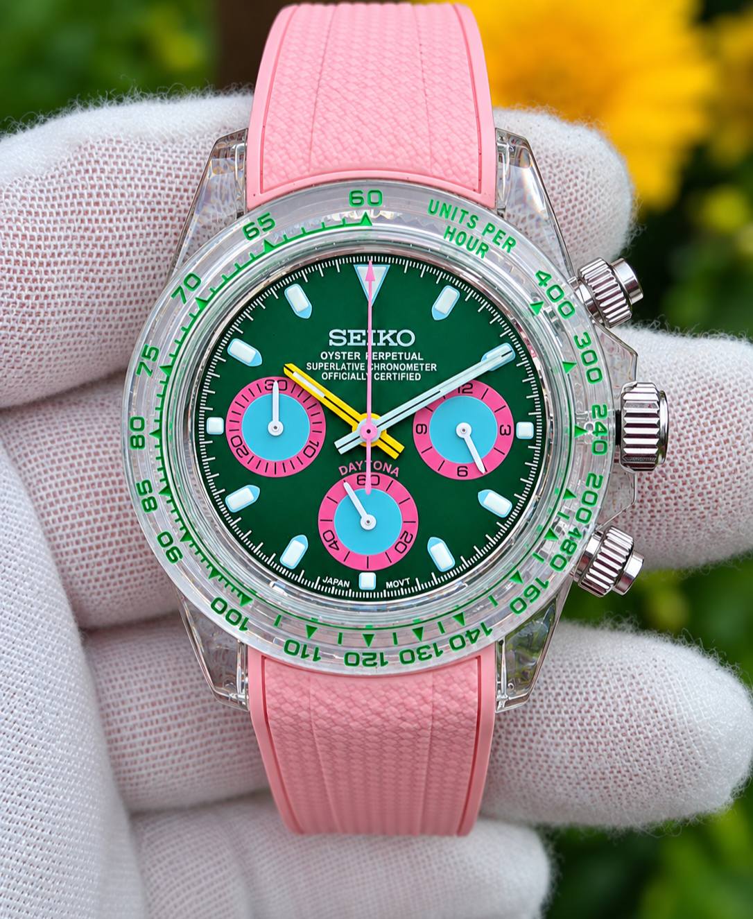 Seiko Mod Watch with Green Face, Pink and Aqua Subdials, Acrylic