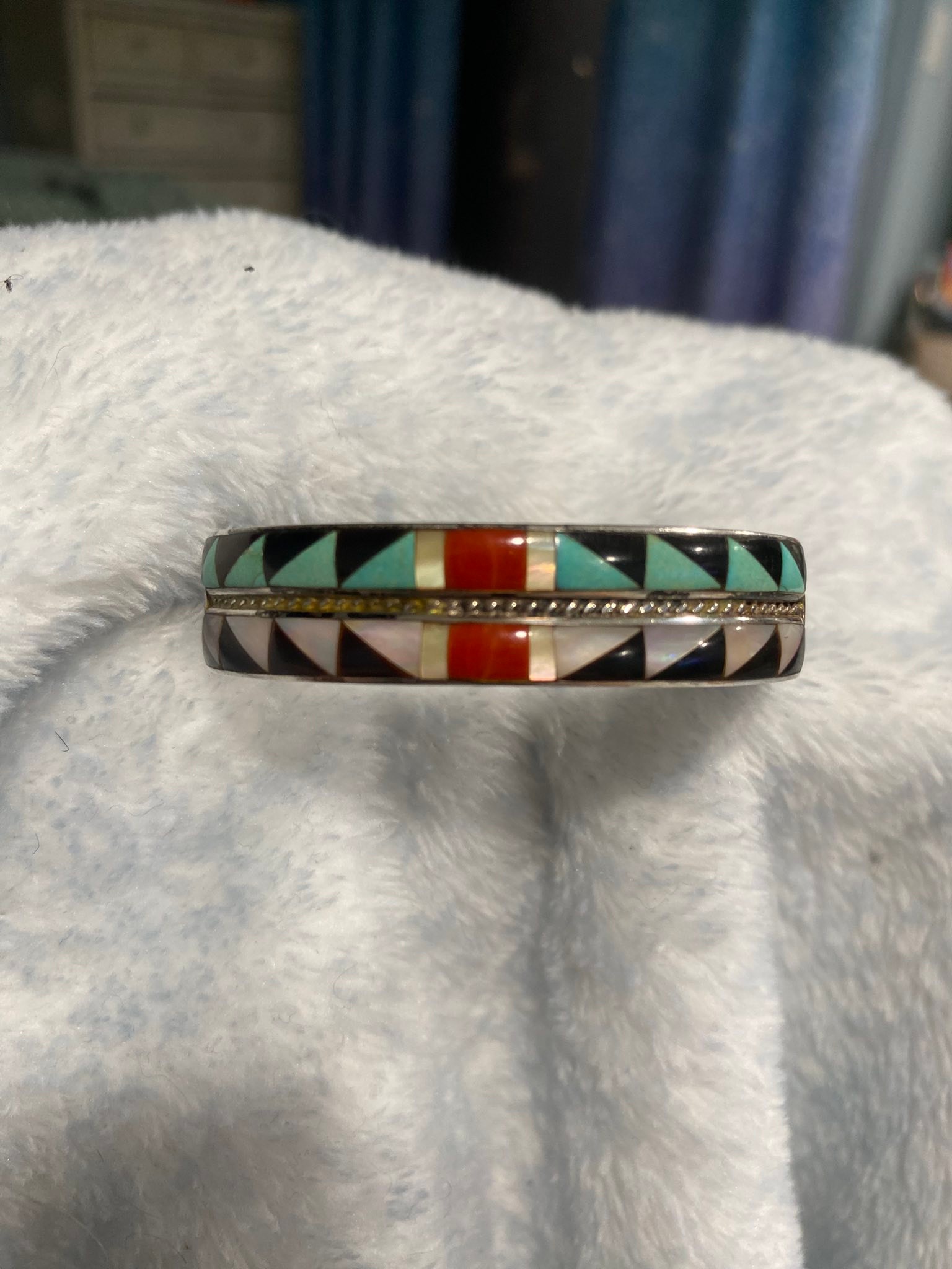Andrew DeWa Zuni inlay sterling silver cuff