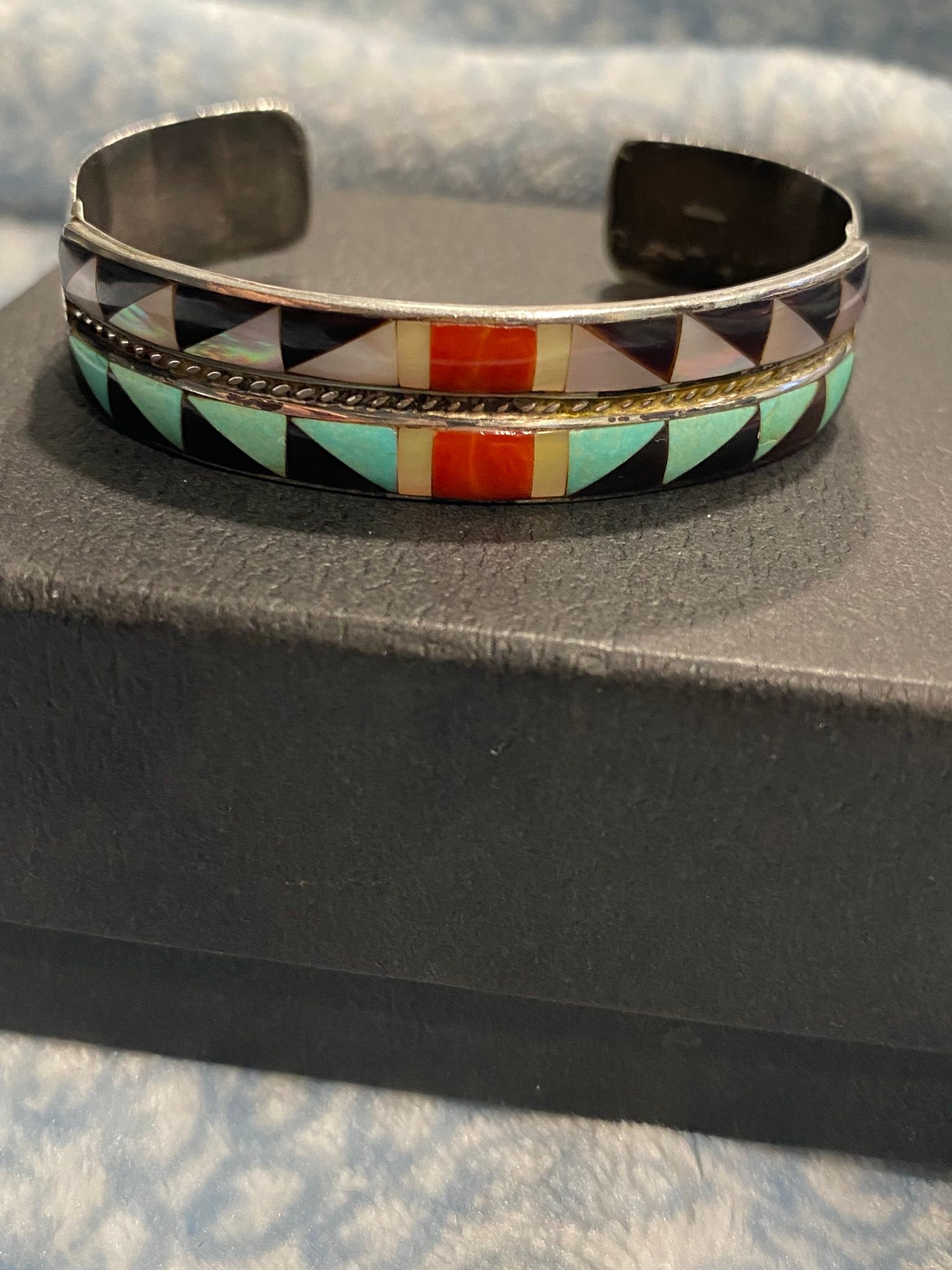 Andrew DeWa Zuni inlay sterling silver cuff