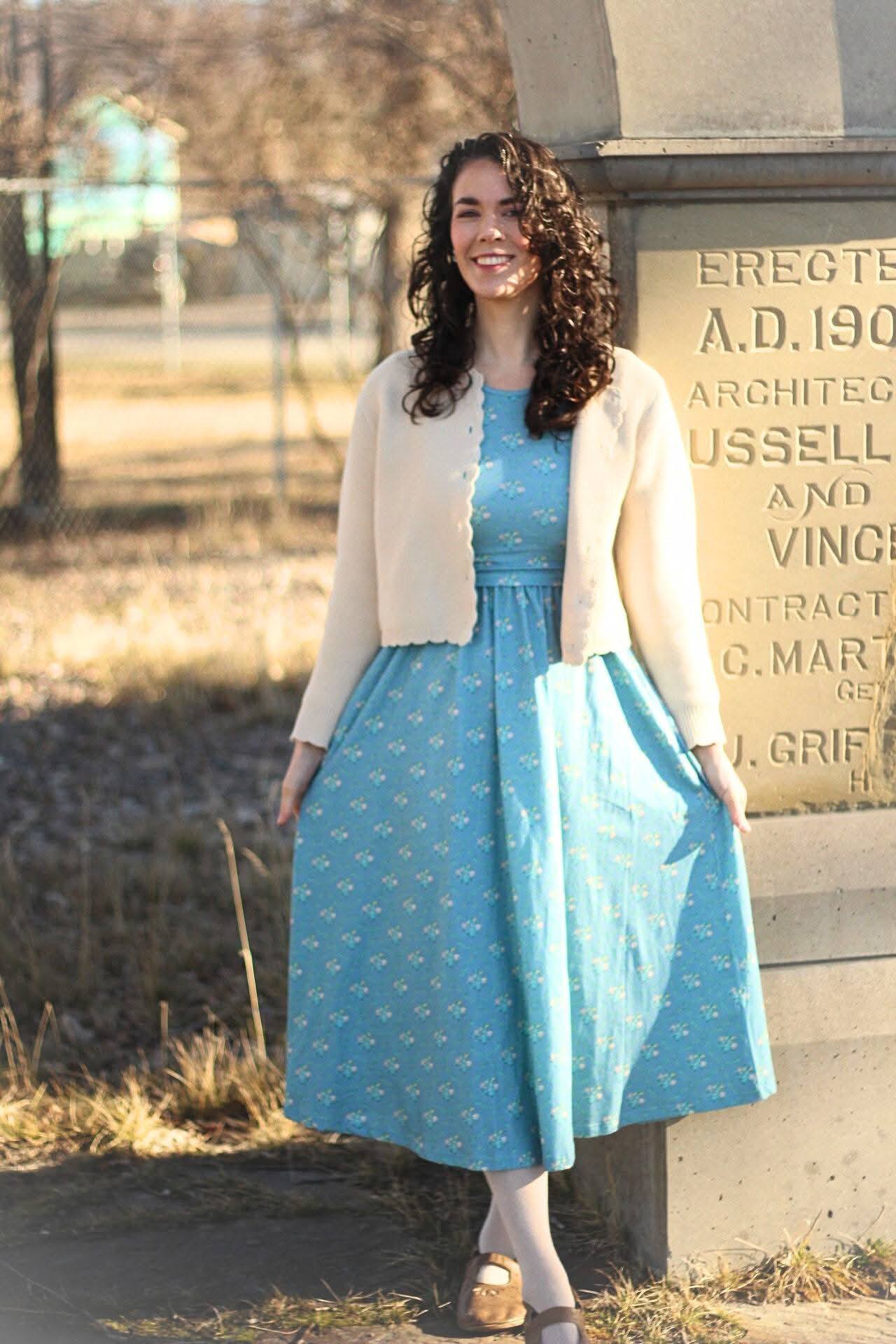 blue dress white cardigan I love that our dresses can be styled in a vintage fashion way. ✨ Anyone else obsessed with vintage style? 🥰 #vintagevibes #vintagefashion Size:Small(06) FRASOICUS Mens Dress Shoes goth clothing Light blue floral dress with gentle stretch for all