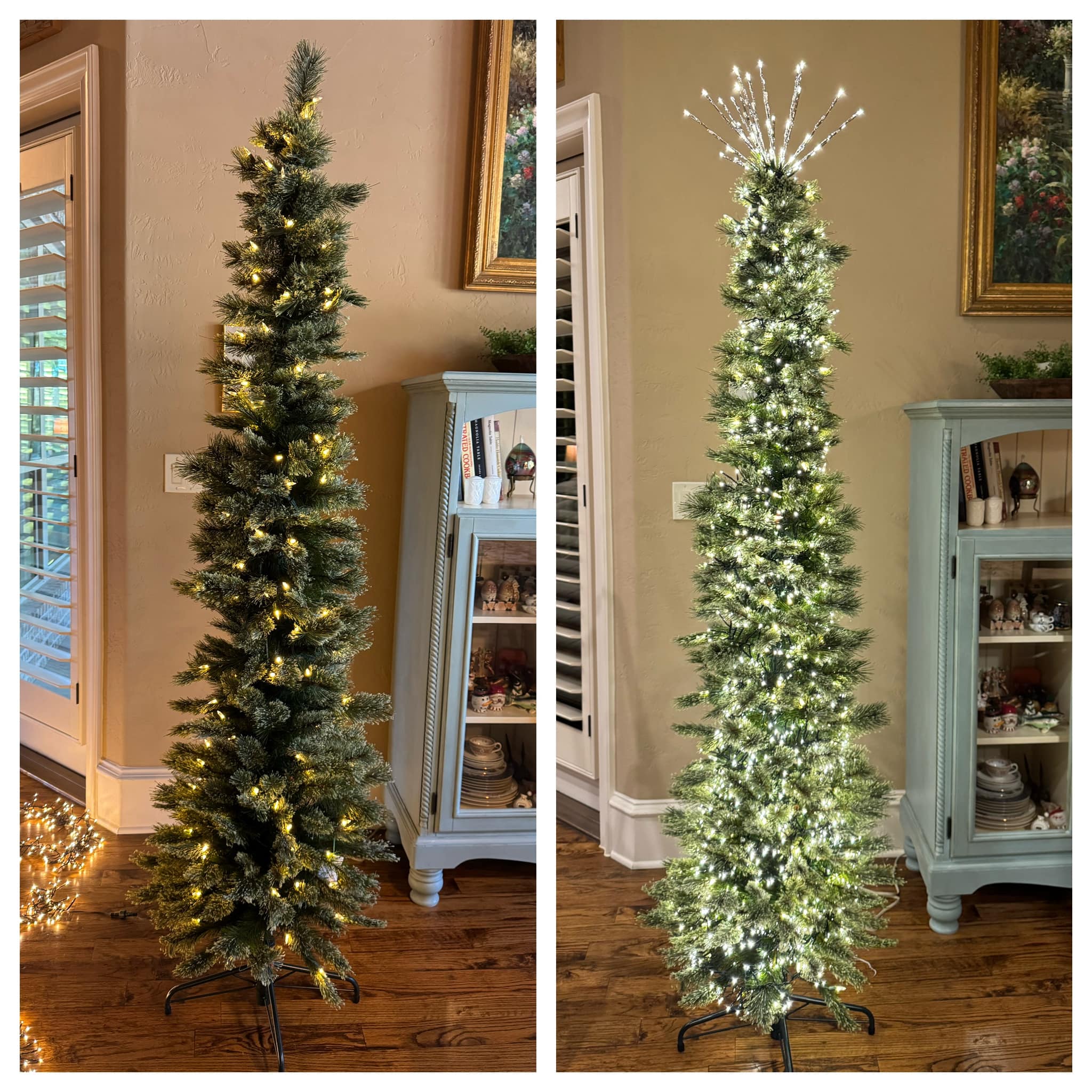 Upgrading a pencil Christmas tree with cluster lights