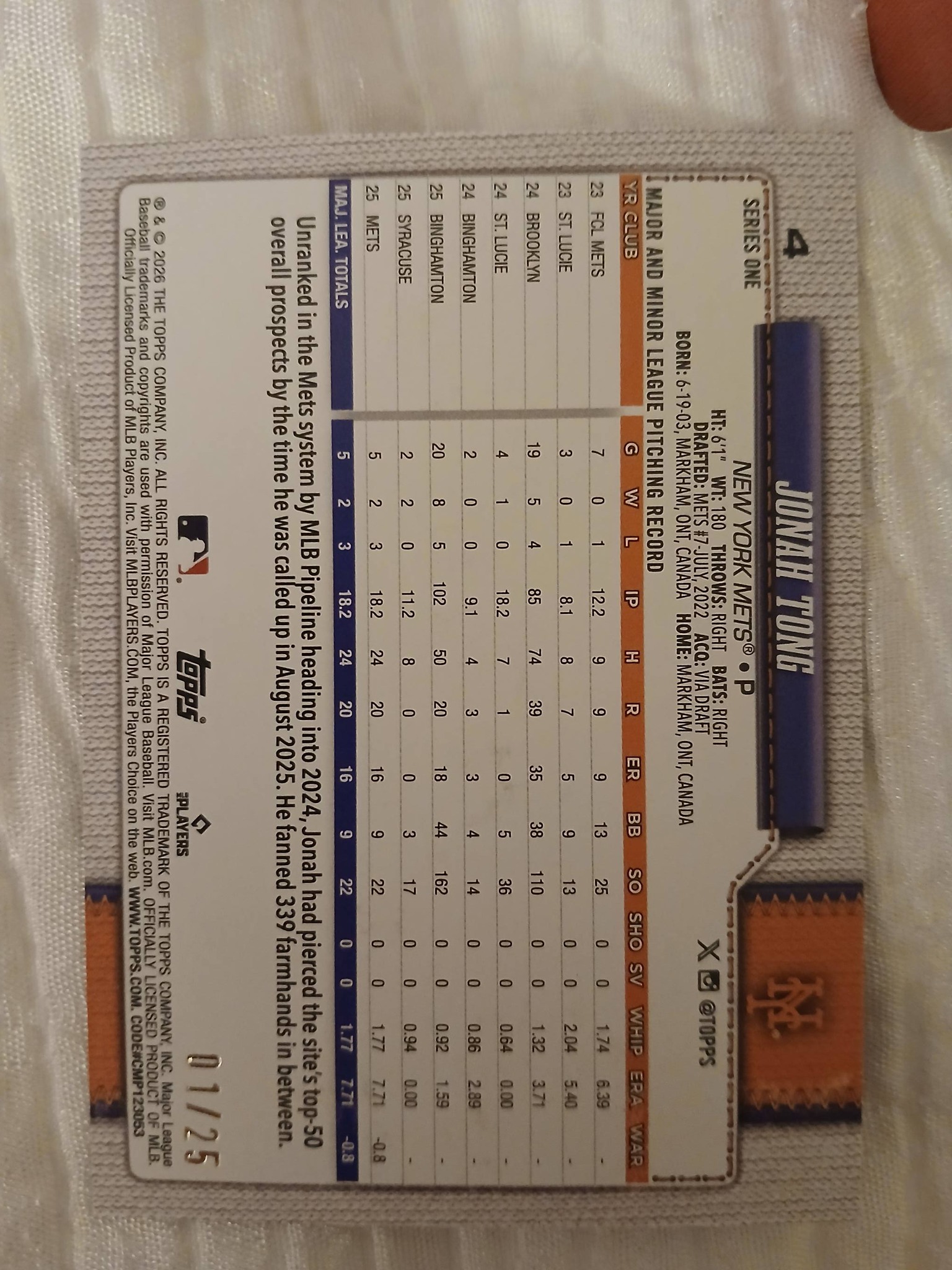 Jonah Tong rookie card hit in 2026 series 1
