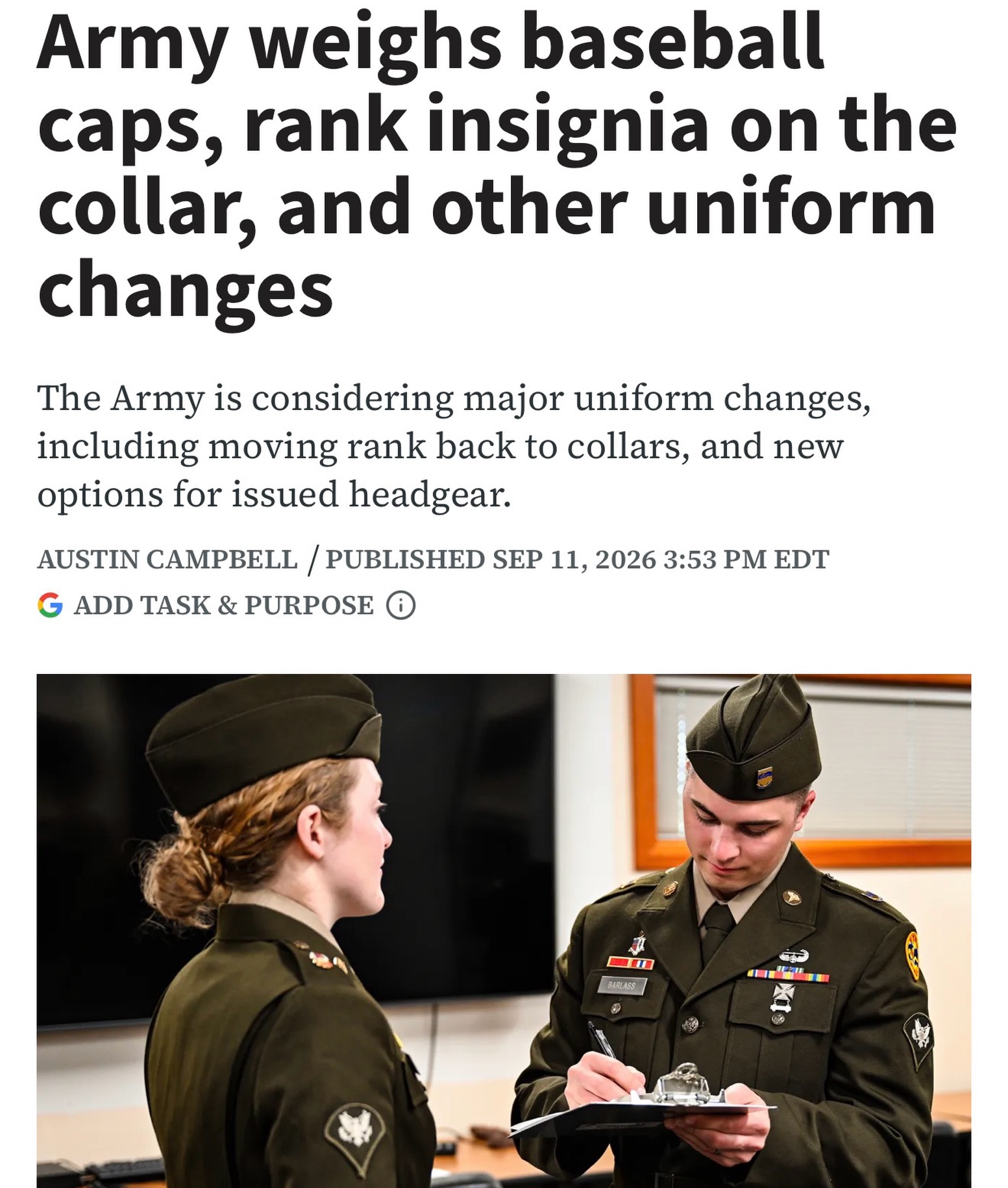 US Army considers uniform changes, including rank on collar and baseball caps