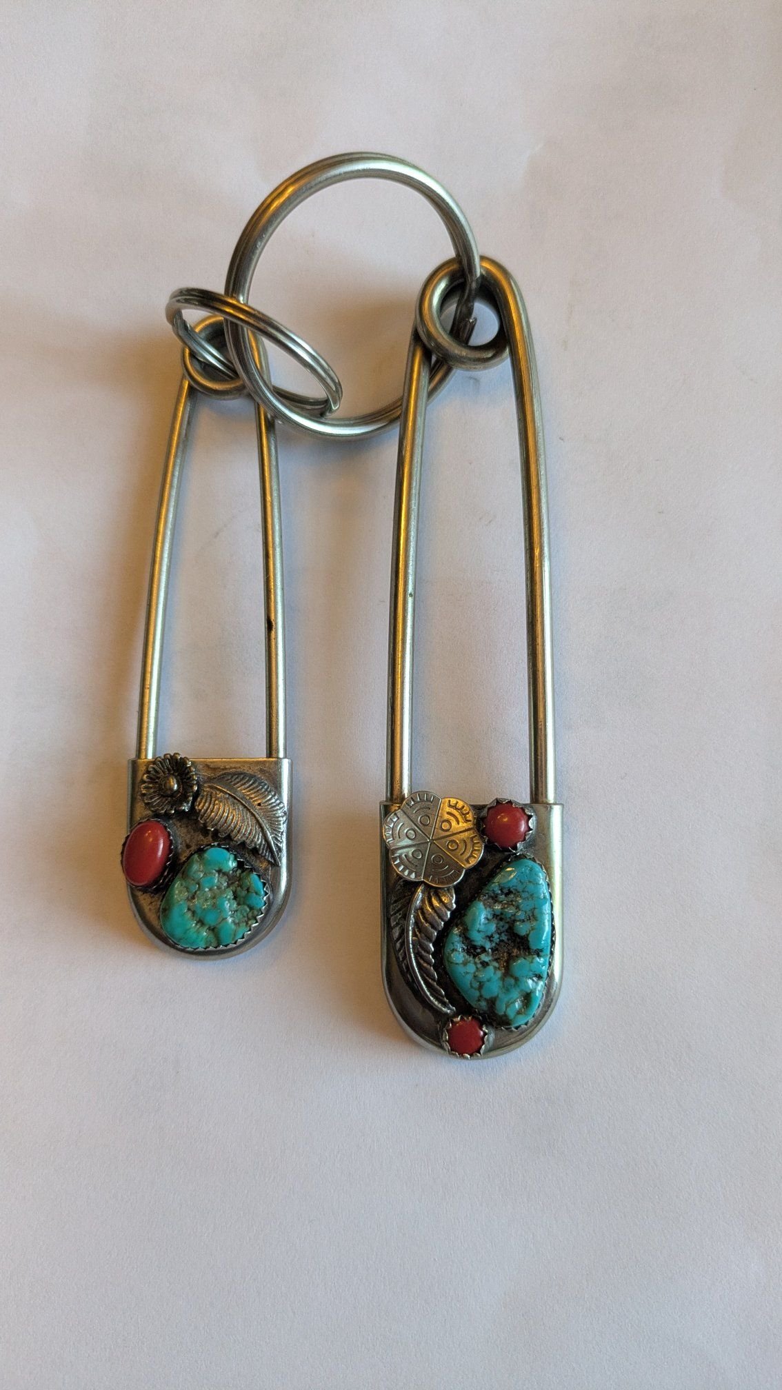 Identifying Navajo Silver Safety Pins with Turquoise and Red Stones