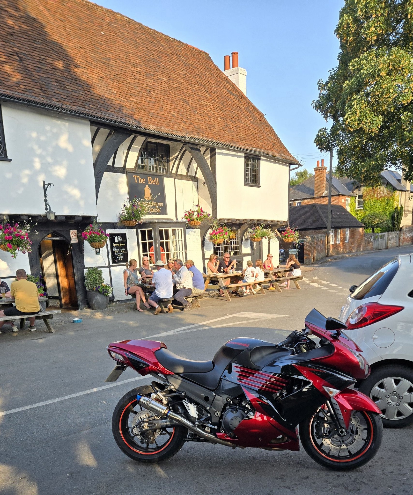 Kawasaki Ninja ZX 14R parked outside The Bell pub